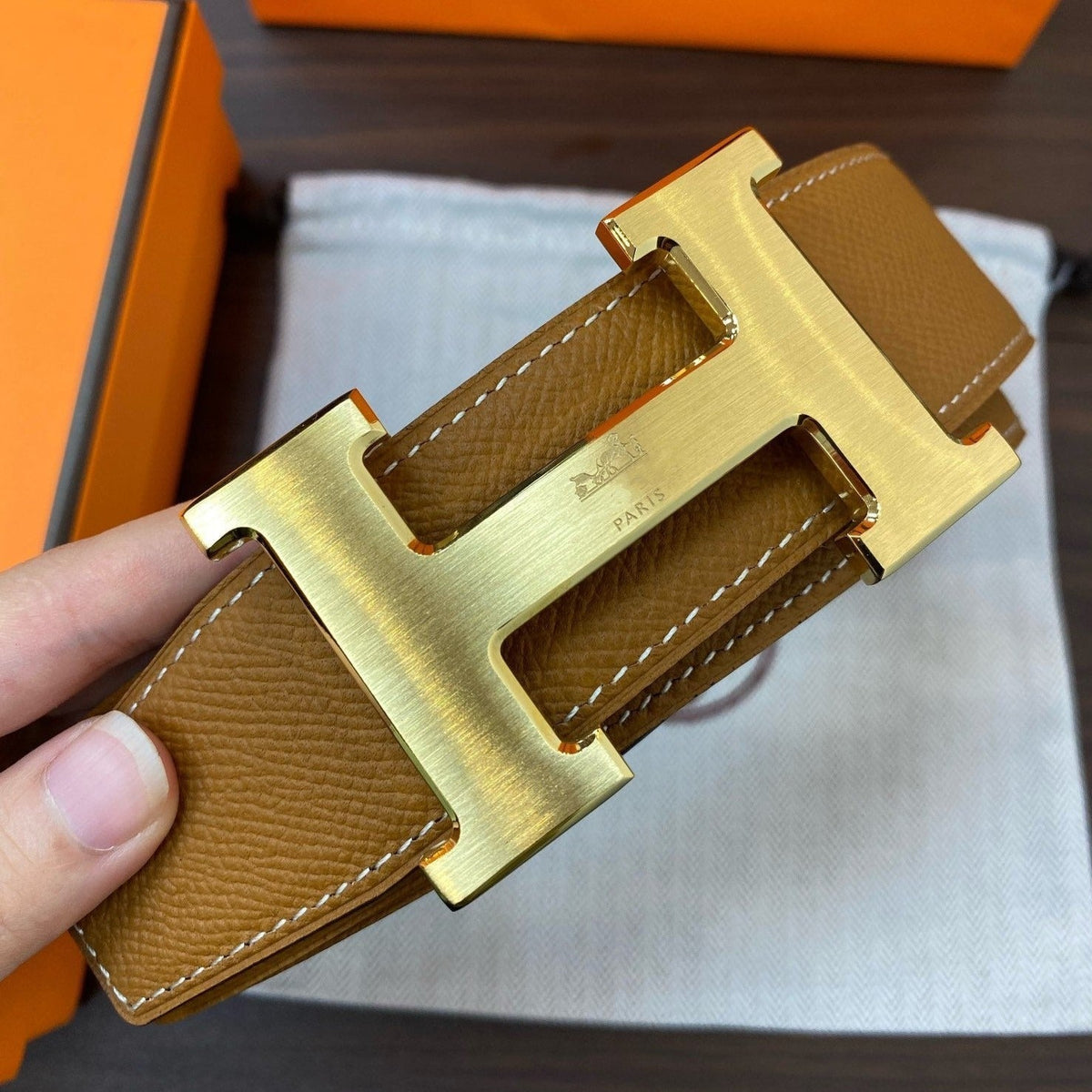 H CONTANCE BELT 38MM GOLD BUCKLE GOLD BLUE LEATHER