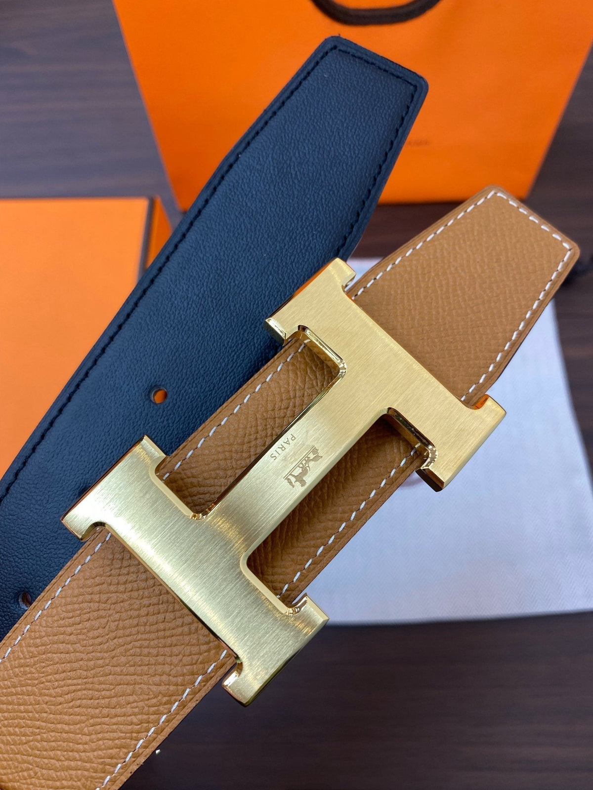 H CONTANCE BELT 38MM GOLD BUCKLE GOLD BLUE LEATHER
