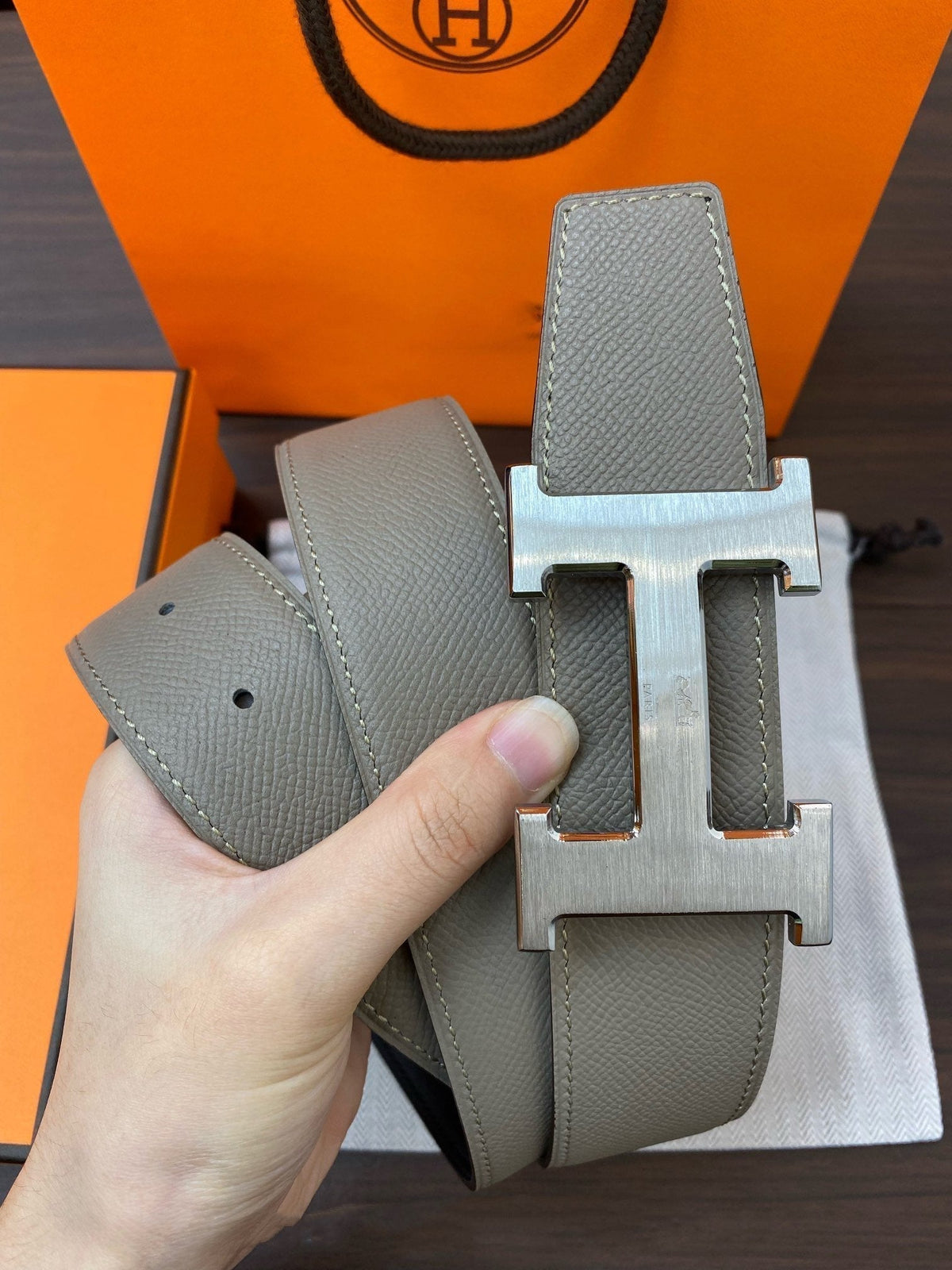 H CONTANCE BELT 38MM SILVER BUCKLE DARK BLUE GREY LEATHER