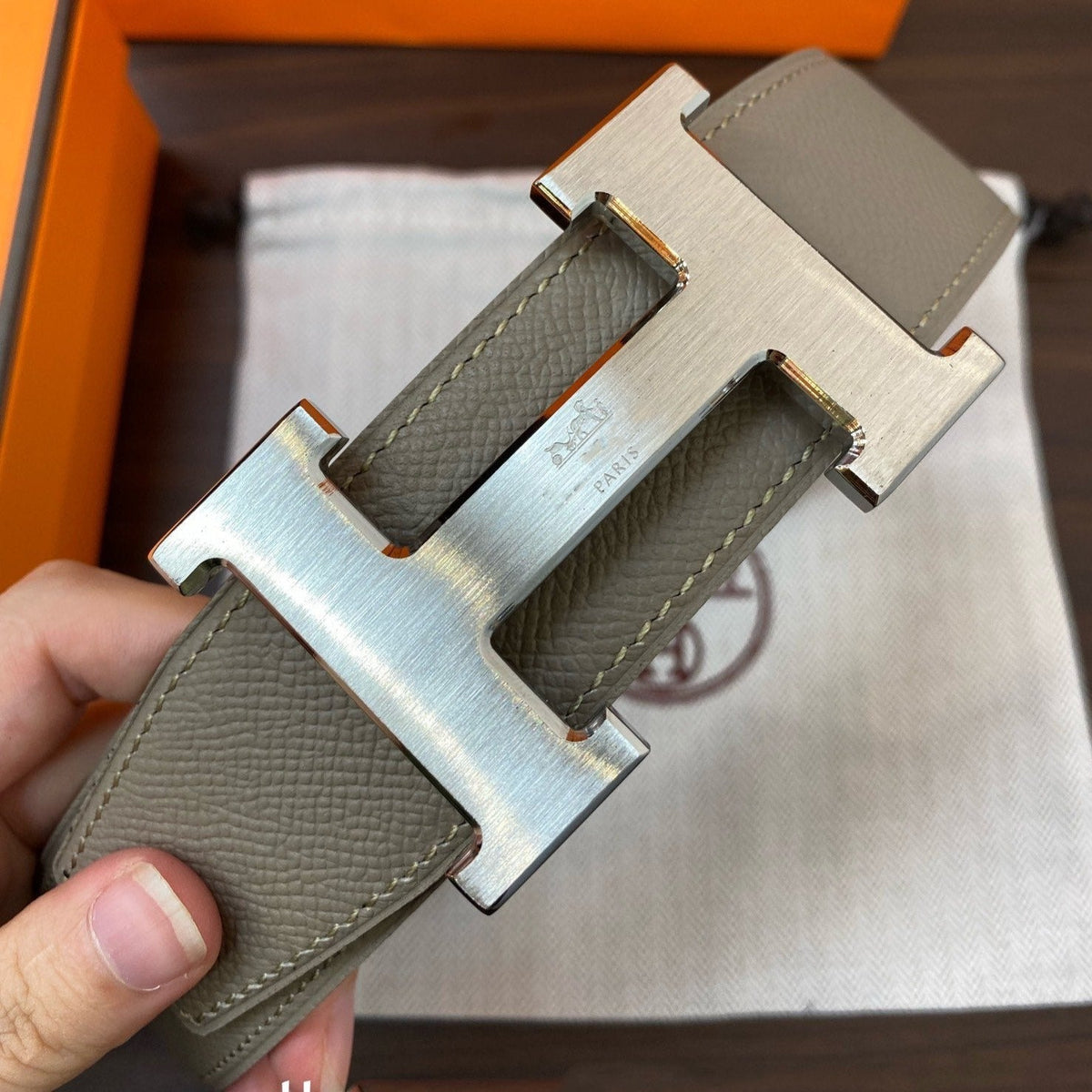 H CONTANCE BELT 38MM SILVER BUCKLE DARK BLUE GREY LEATHER