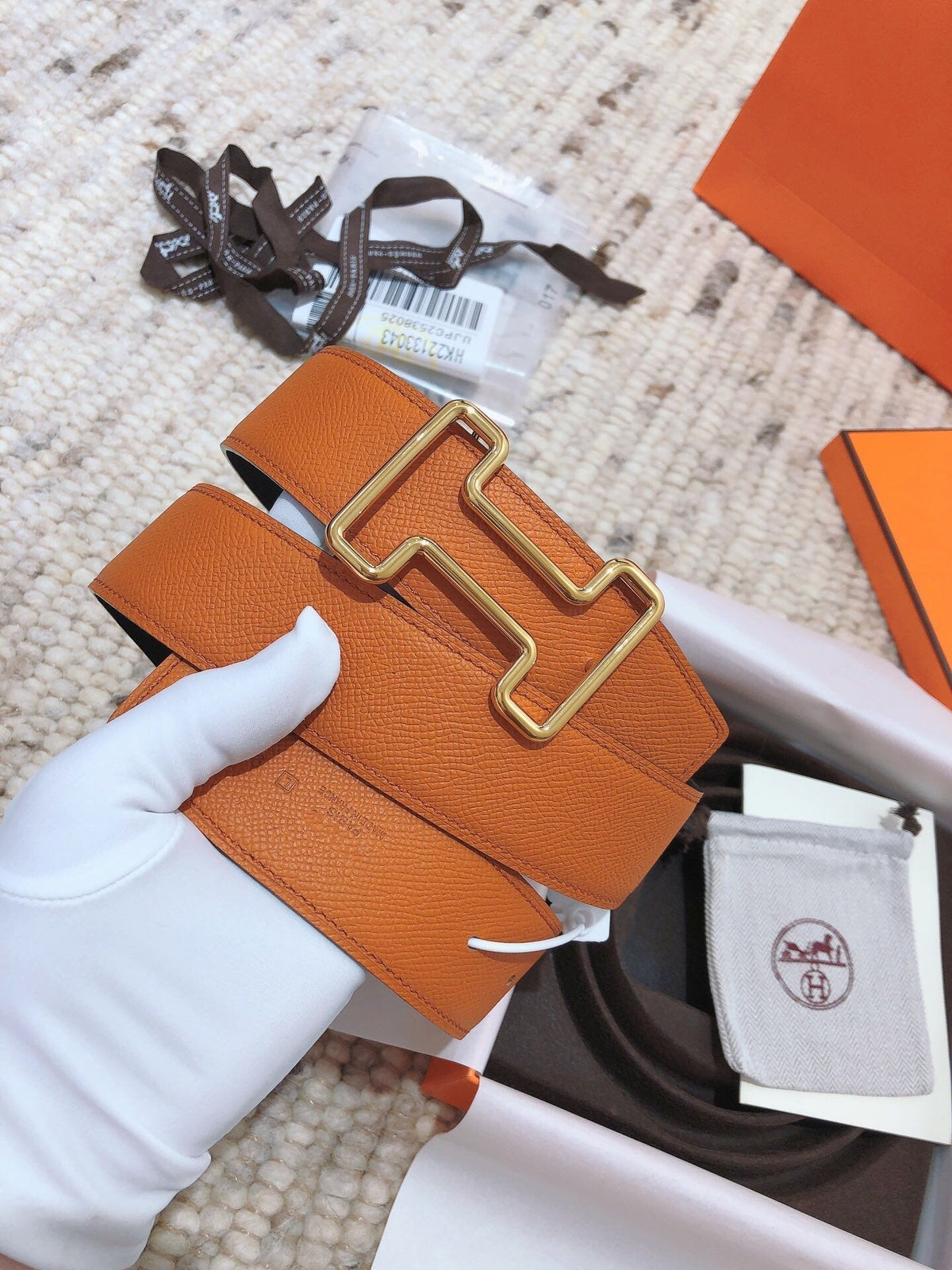 H TONIGHT BELT 38MM ORANGE BLACK LEATHER