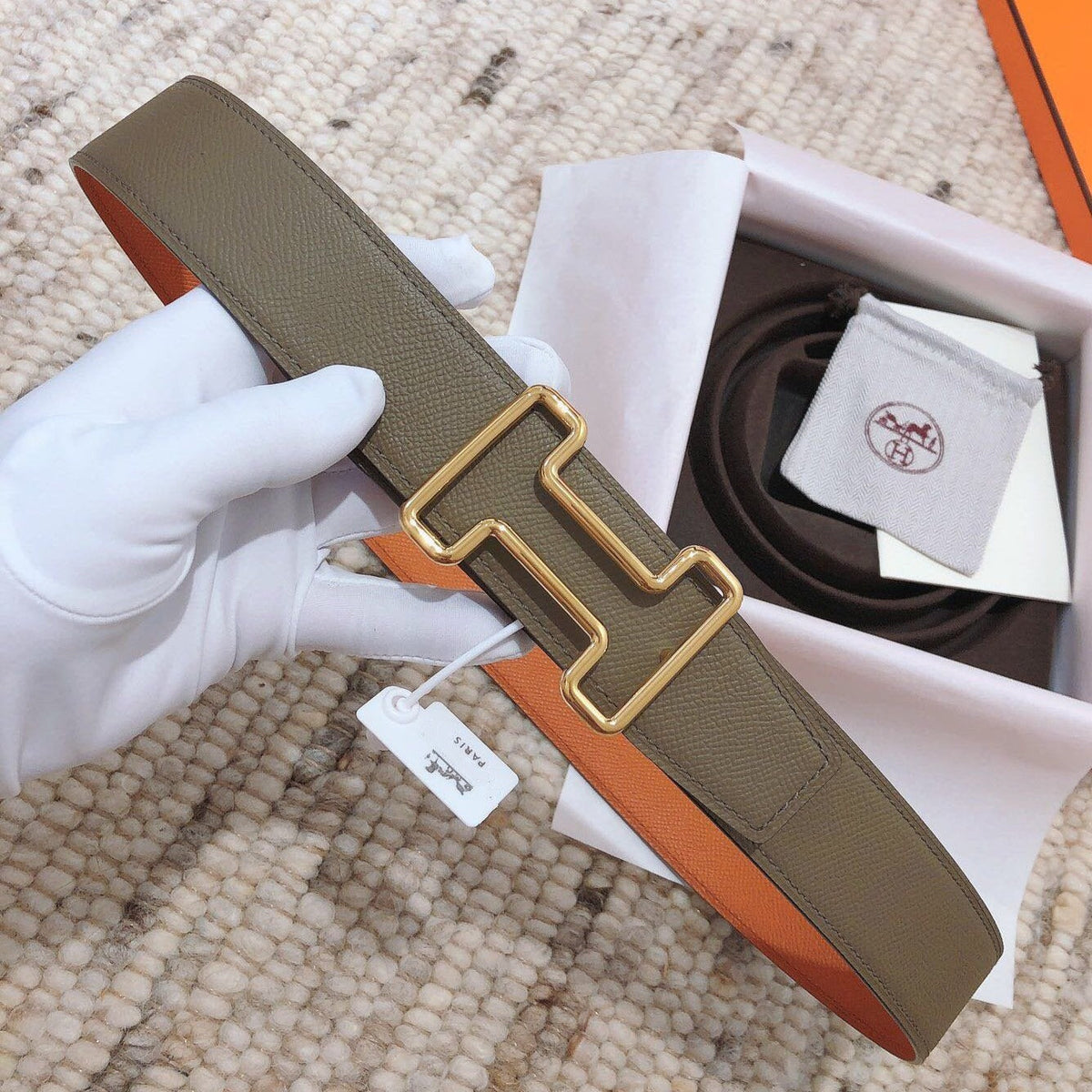 H TONIGHT BELT 38MM ORANGE GREEN GREY LEATHER