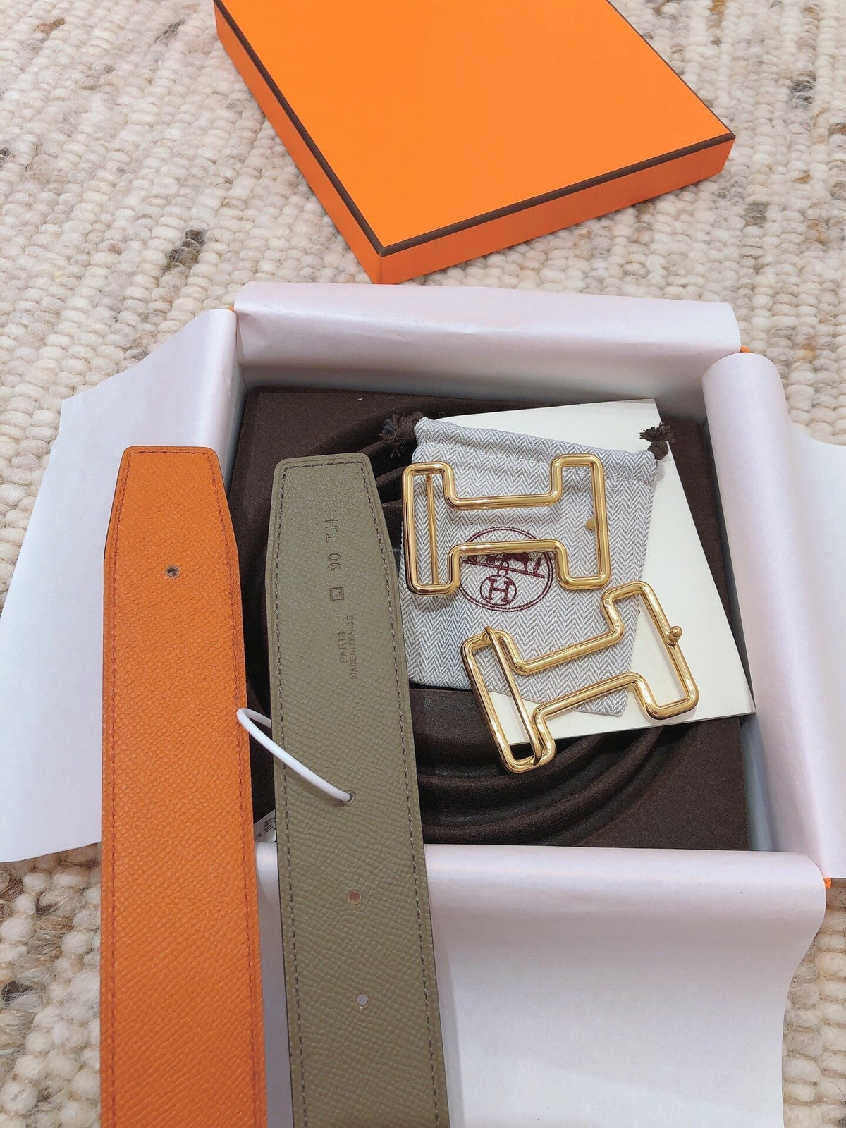 H TONIGHT BELT 38MM ORANGE GREEN GREY LEATHER