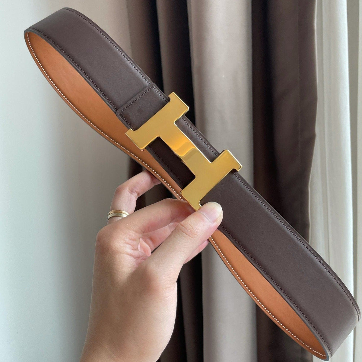 H CONSTANCE BELT 38MM GOLD BUCKLE BROWN CHOCOLATE LEATHER