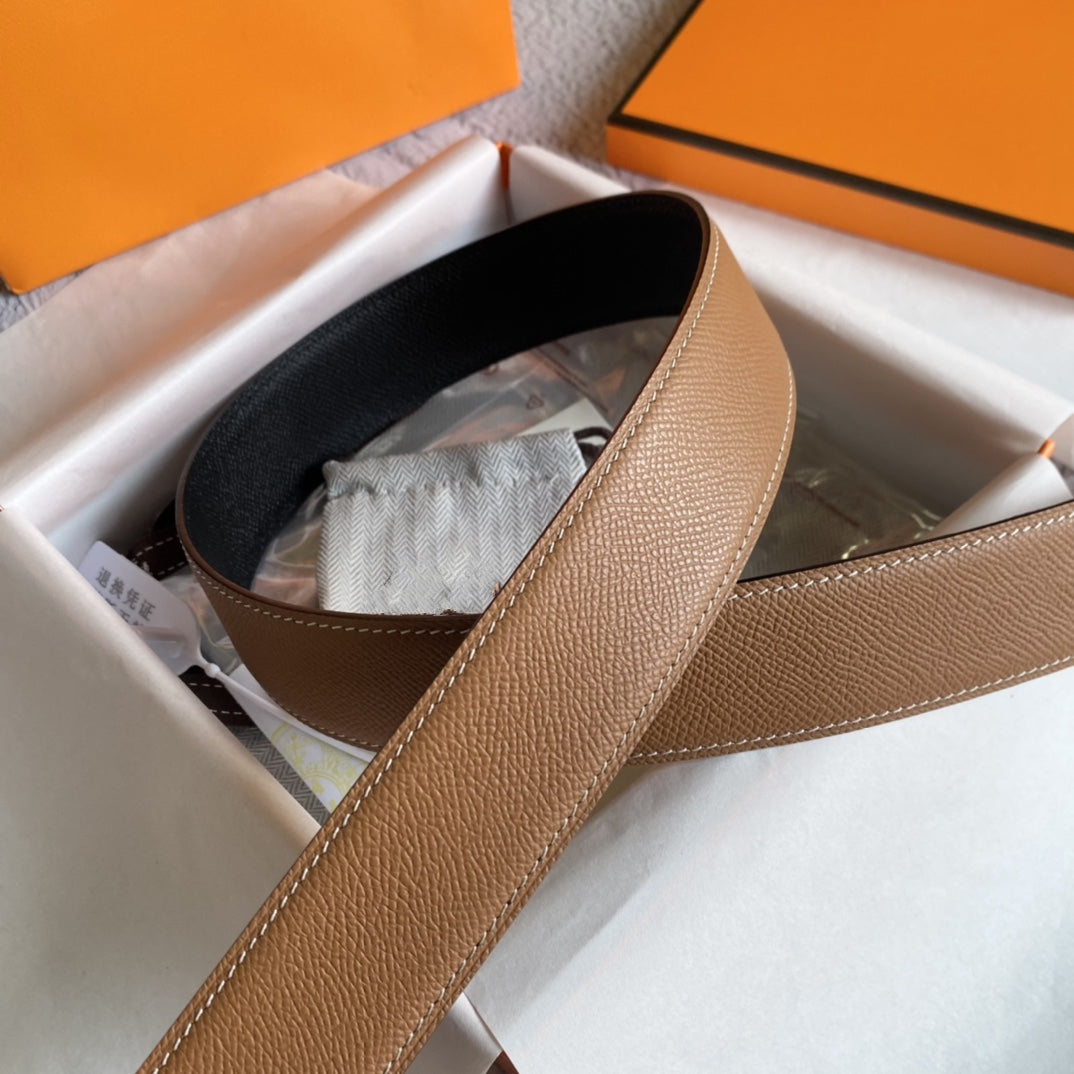 H BELT GOLD BUCKLE BROWN BLACK LEATHER RIVERSIBLE 3.8CM