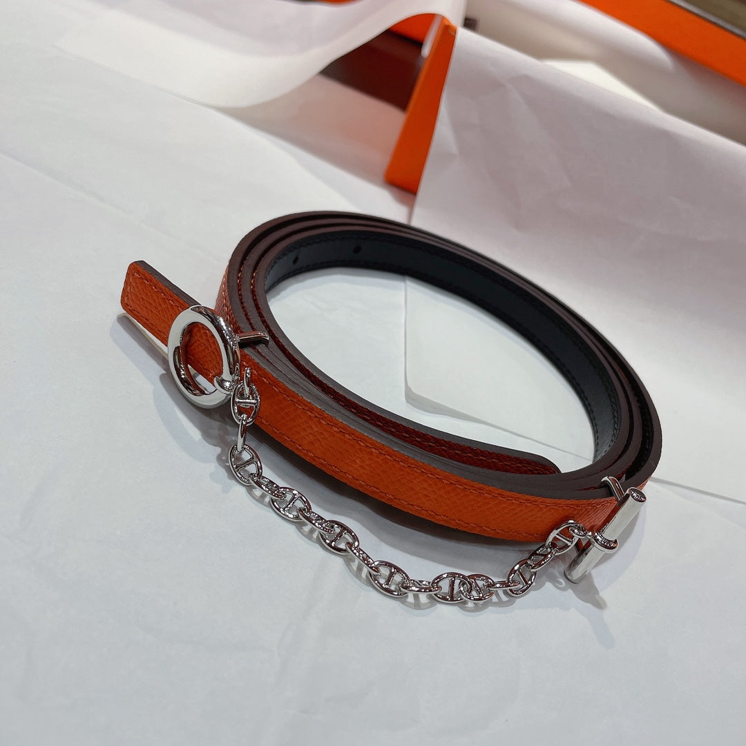 H SILVER BUCKLE WOMEN'S BELT ORANGE BLACK LEATHER STRAP 1.3CM