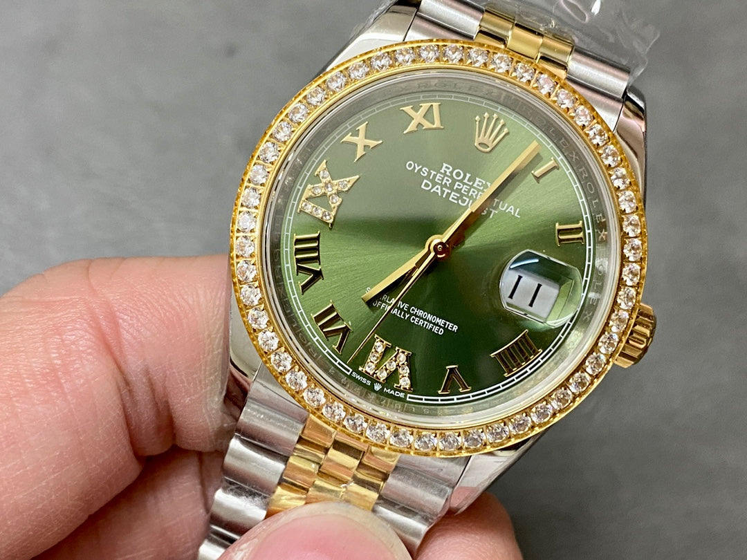 DATEJUST 36MM GOLD STEEL DIAMOND BEZEL GREEN DIAL