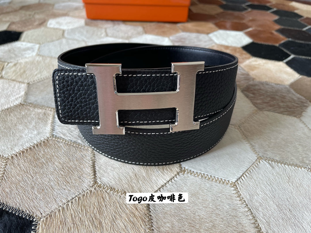 HM CONSTANCE BELT BUCKLE & REVERSIBLE BLACK LEATHER STRAP 38MM SILVER HARDWARE