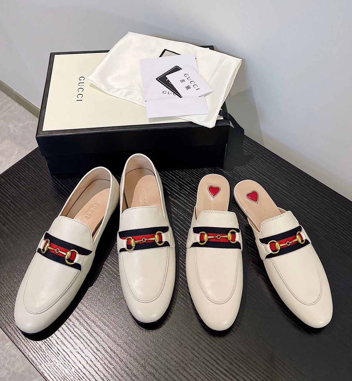 gg loafer cream calfskin black red canvas