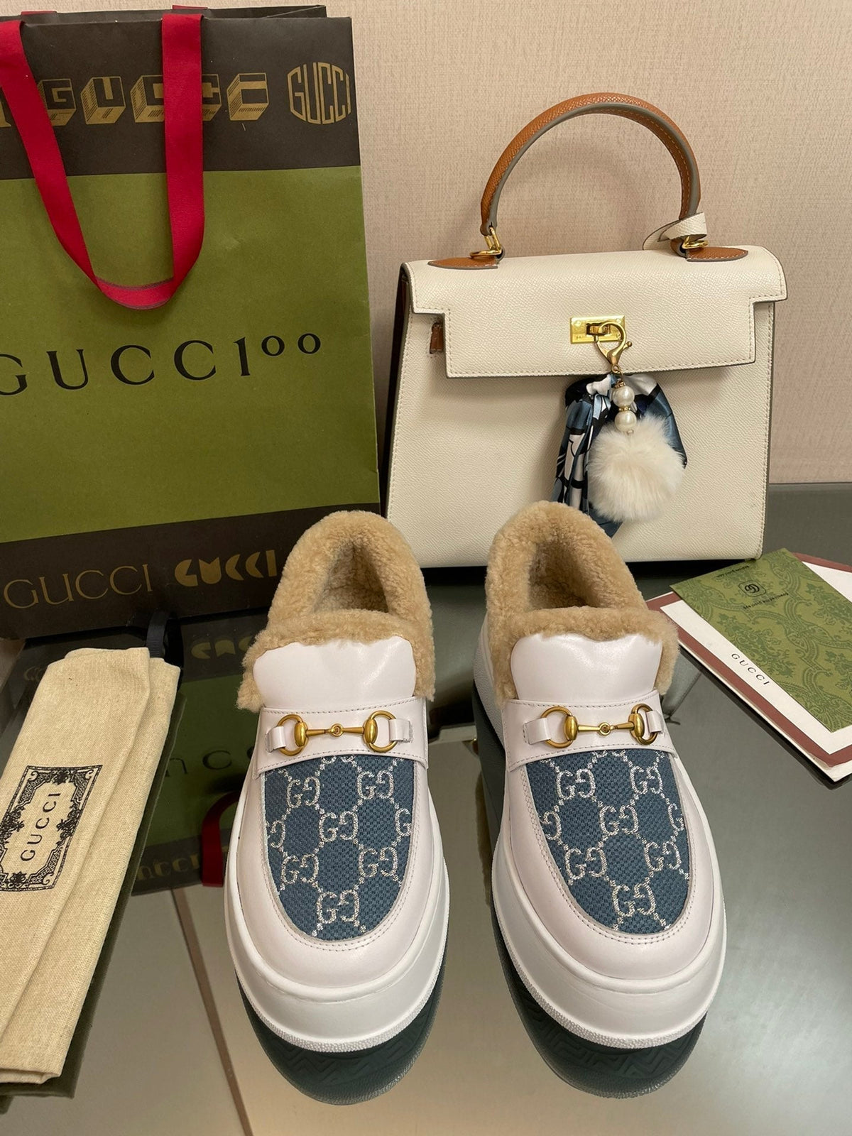 GG LOAFER IN BLUE JACQUARD MIX WHITE CALFSKIN WITH BEIGE WOOL LINING