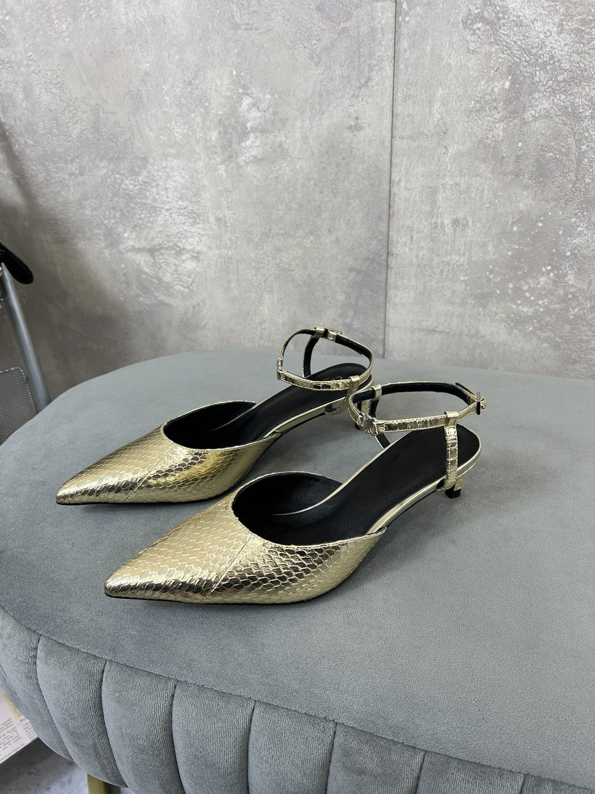 cl kitten with strap 45 gold lizard stamped metalized calfskin