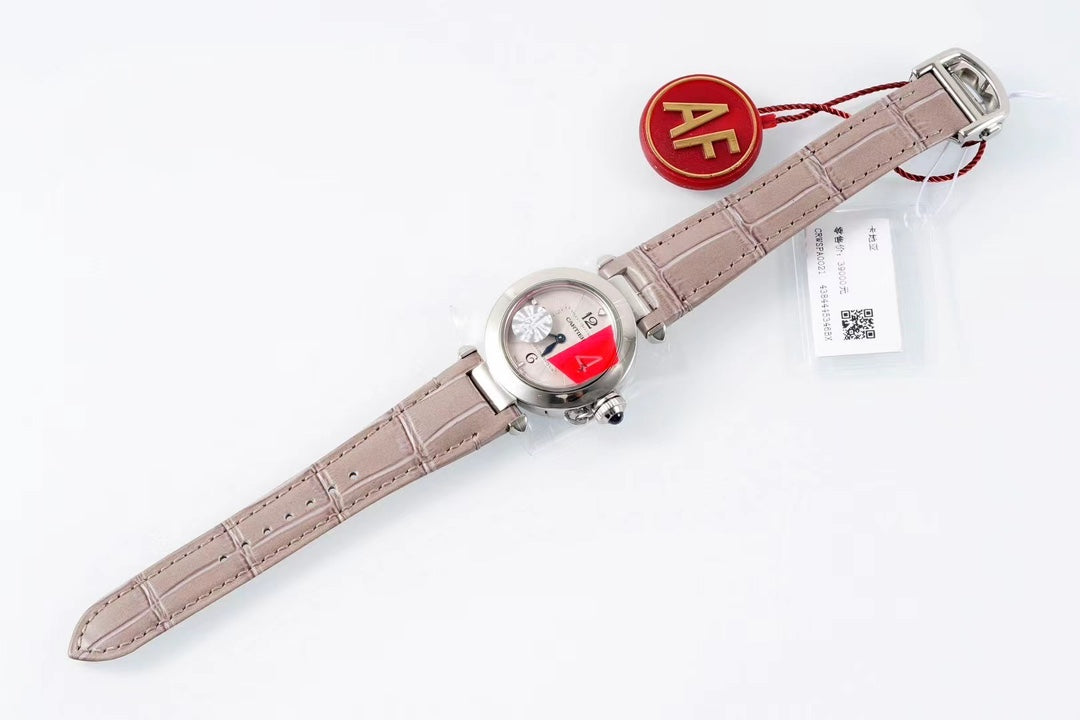 pasha 30mm quartz stainless steel pink dial light brown leather