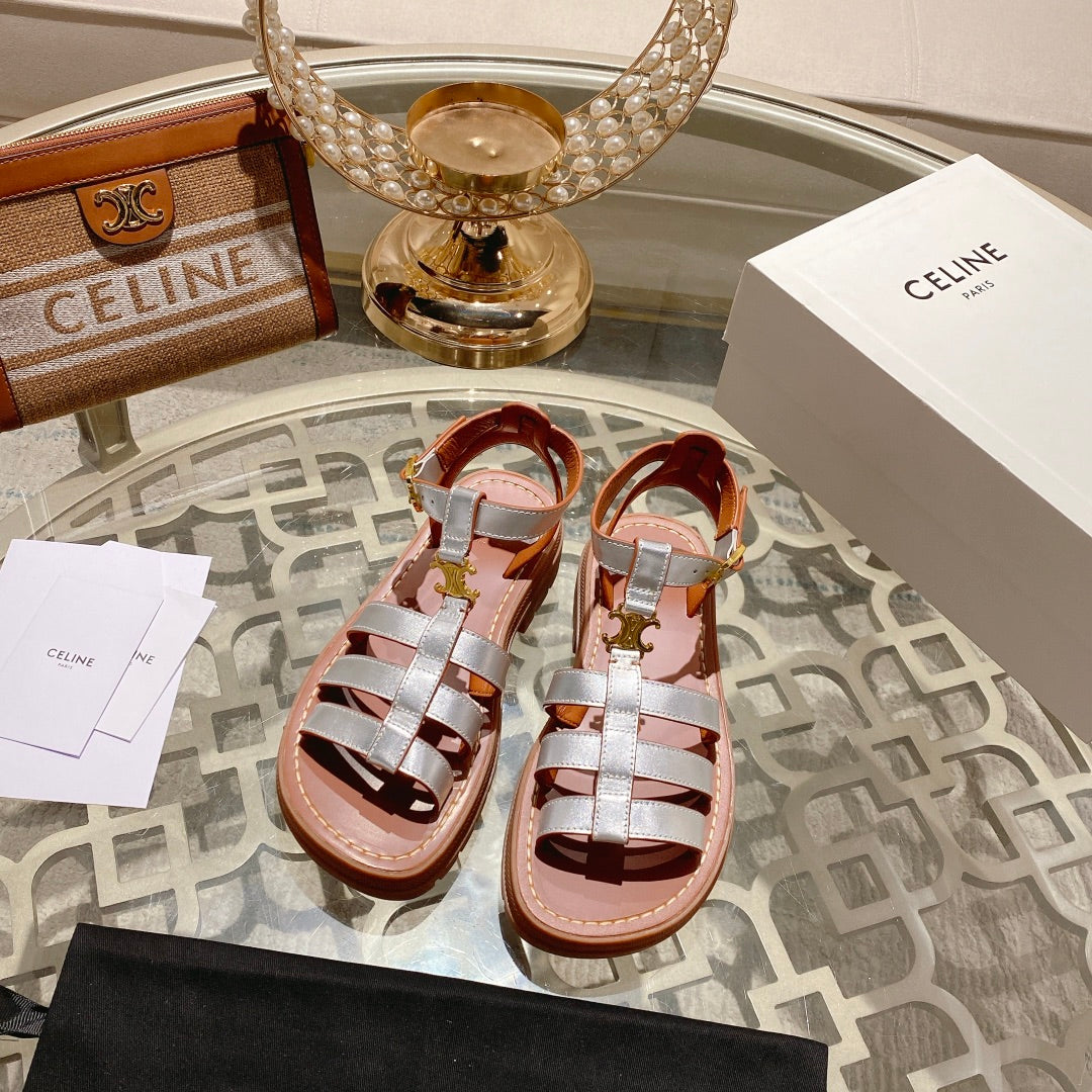 CL Clea Triomphe Gladiator Sandal 40mm Silver Metallic Mix Tan Calfskin 600367