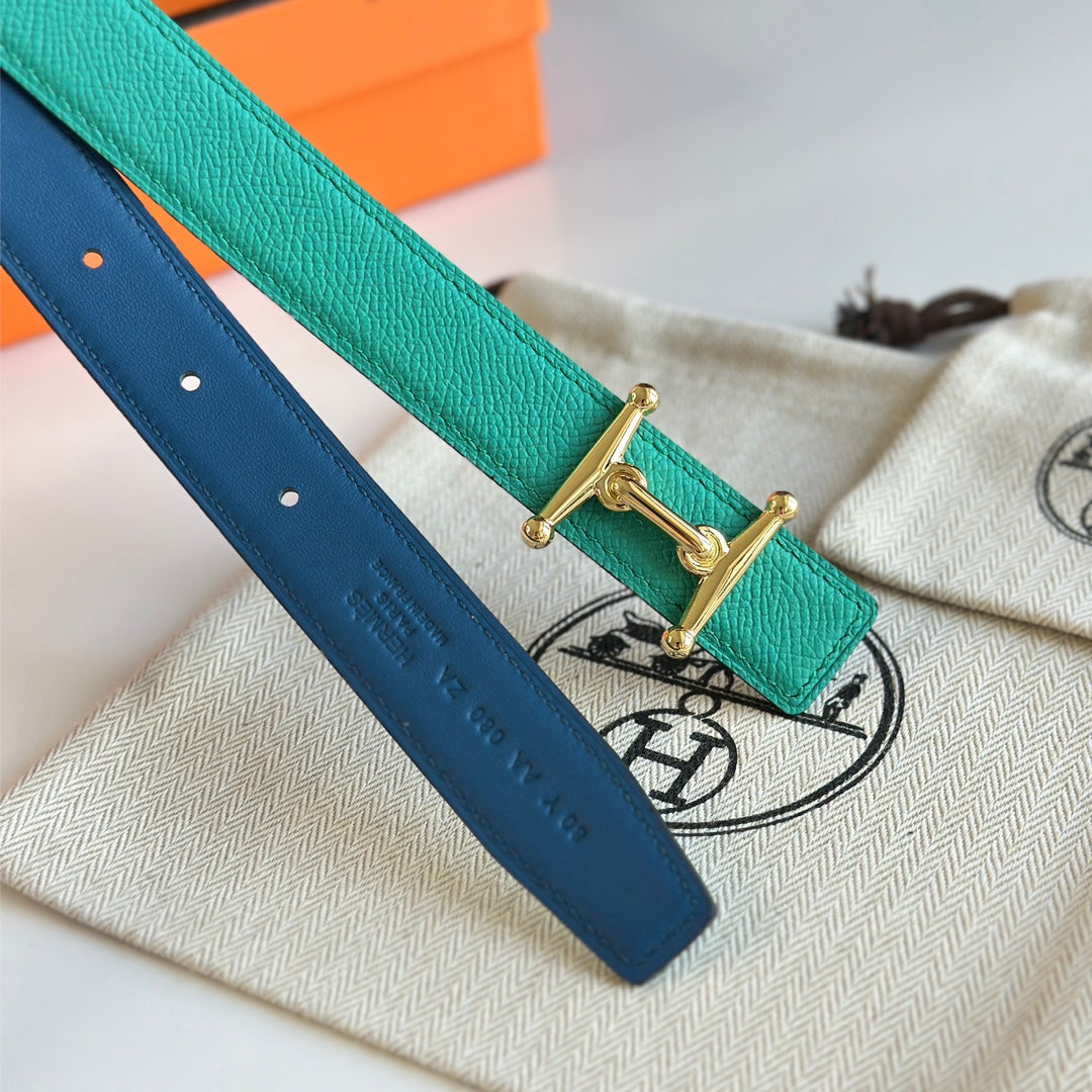 HM Gold Mors H buckle & Reversible 24 mm belt Blue Green leather 125357