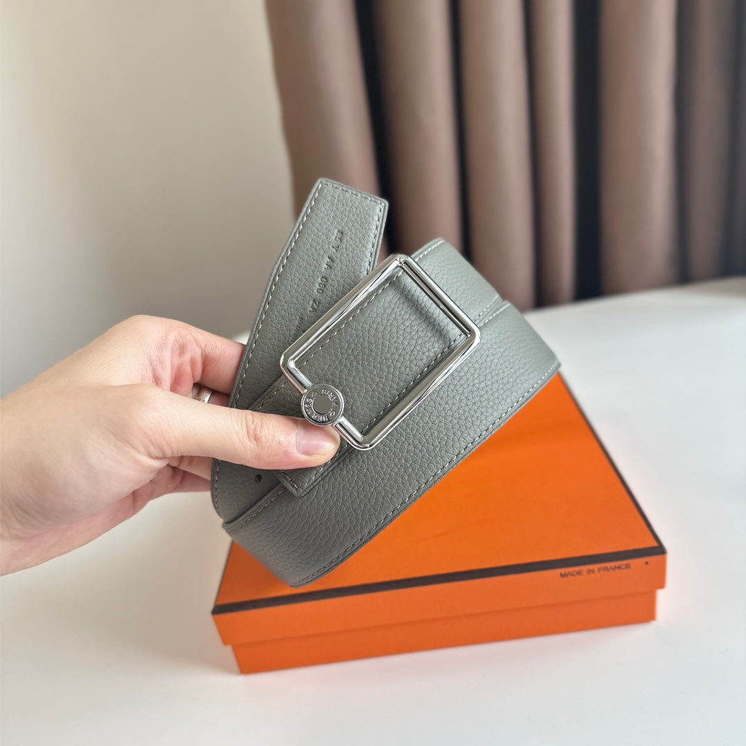 HM OSCAR BELT BUCKLE & REVERSIBLE BLACK AND ASH GREY LEATHER STRAP 38MM SILVER HARDWARE