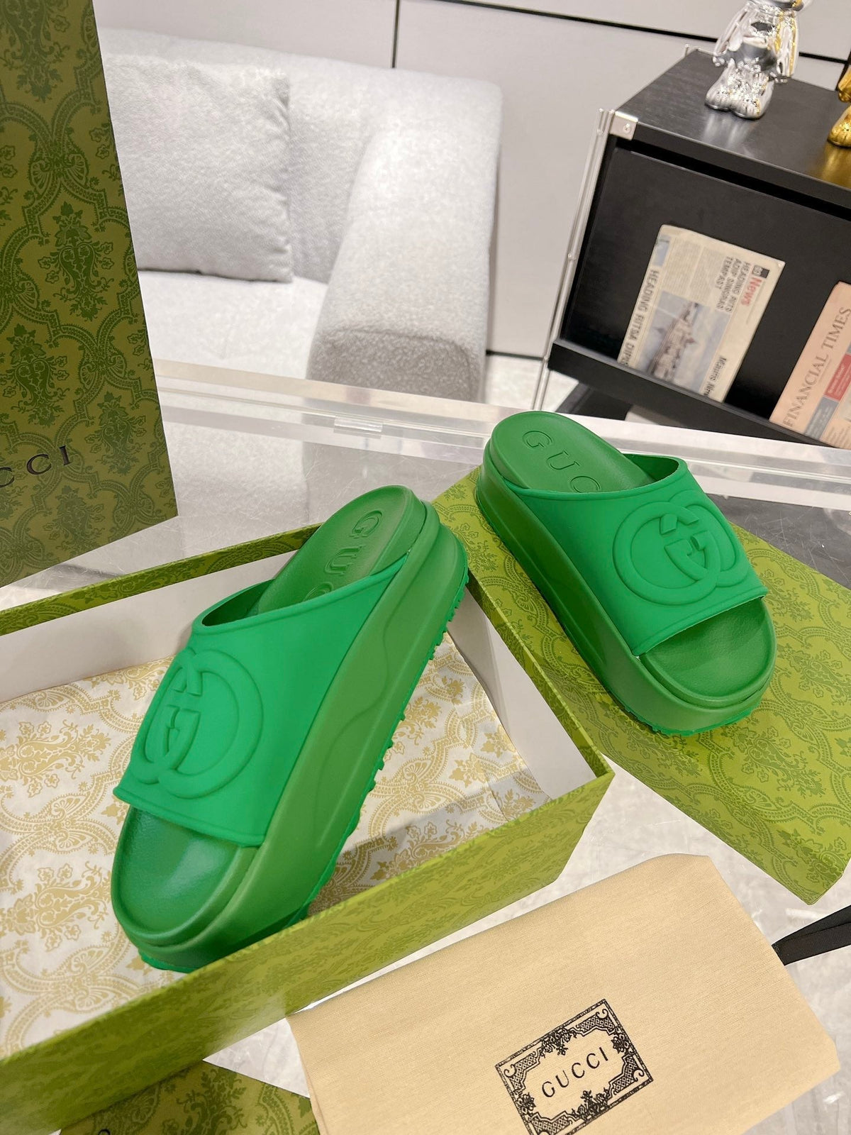 GC 25 Interlocking G 50mm Slide Sandal Green Cowhide 292382
