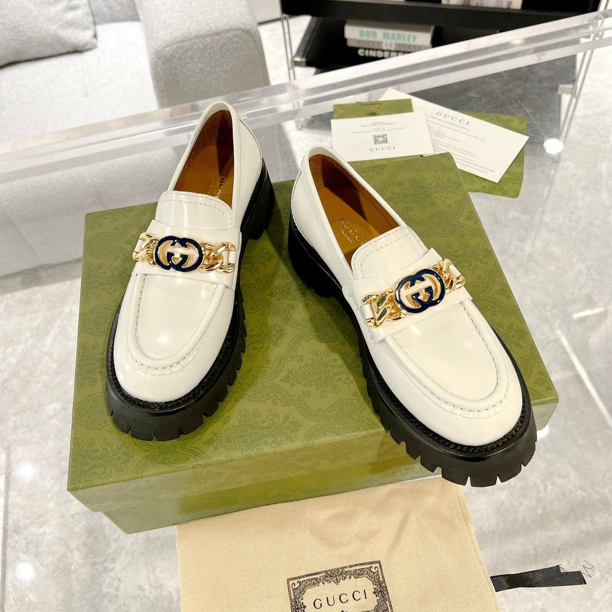 GG LOAFER WITH GG CHAINS WHITE CALFSKIN