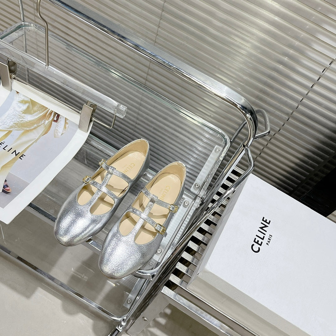 FLAT SANDALS WITH DOUBLE STRAP-DESIGN LEATHER SILVER