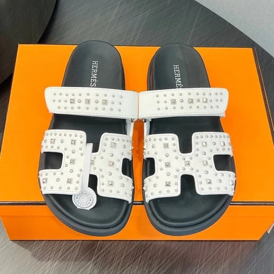 Hermes 2026 Chypre Sandal Ponyhair With Studded Details Black White Cowhide 674993