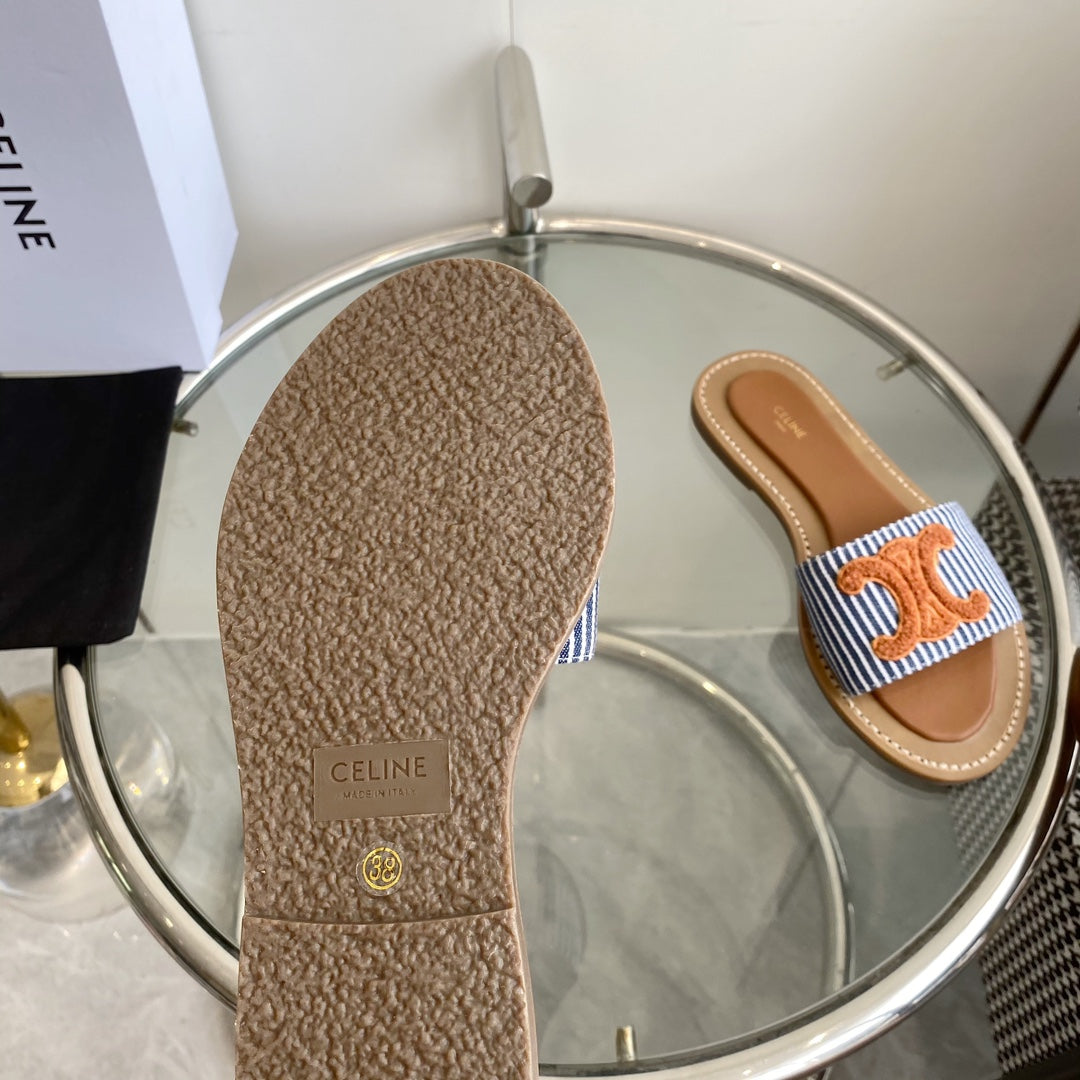 CELINE 25 Slippers Blue Stripe Orange Denim 285981