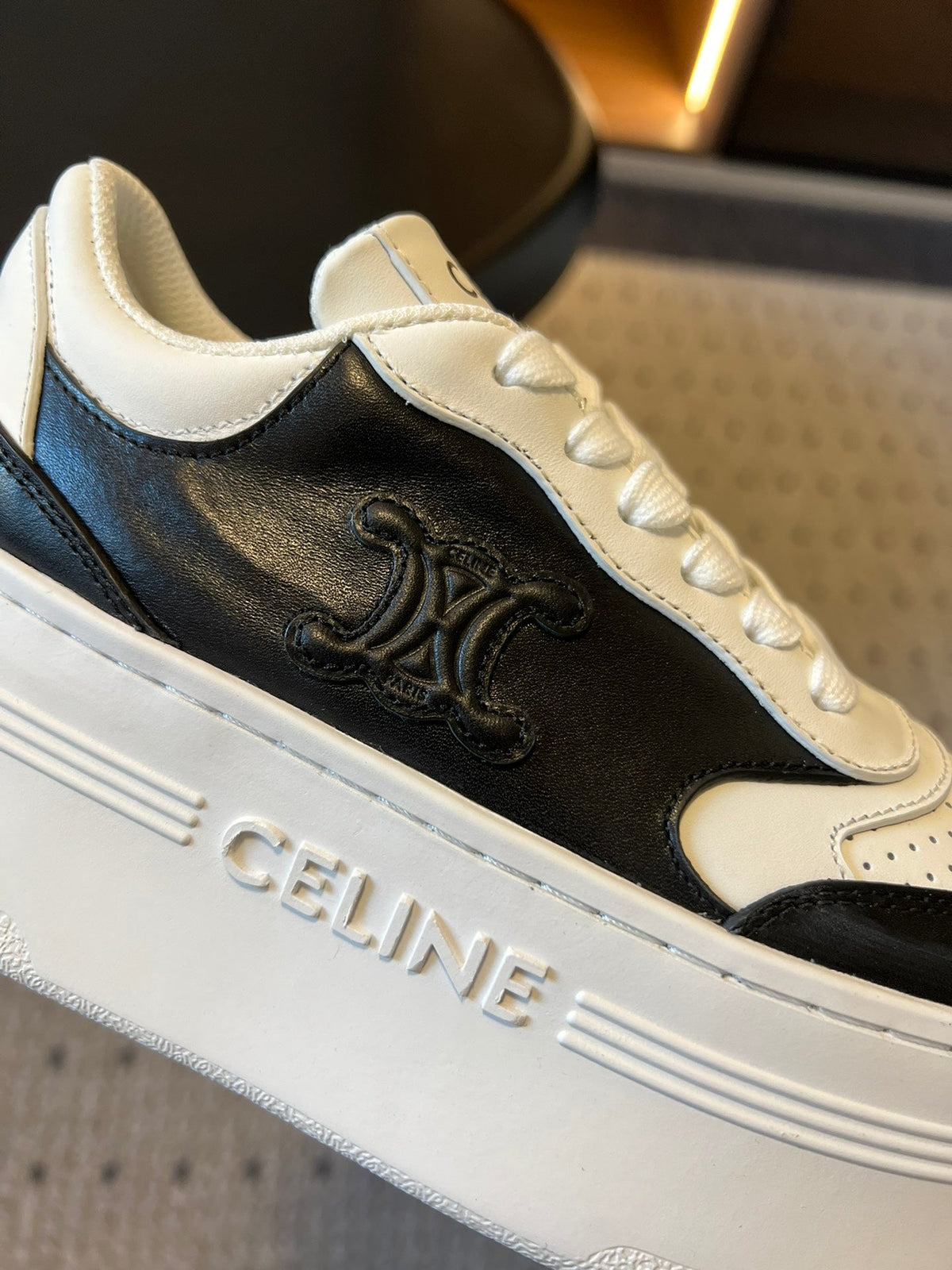 BLOCK SNEAKER WITH TRIOMPHE IN WHITE MIX BLACK CALFSKIN