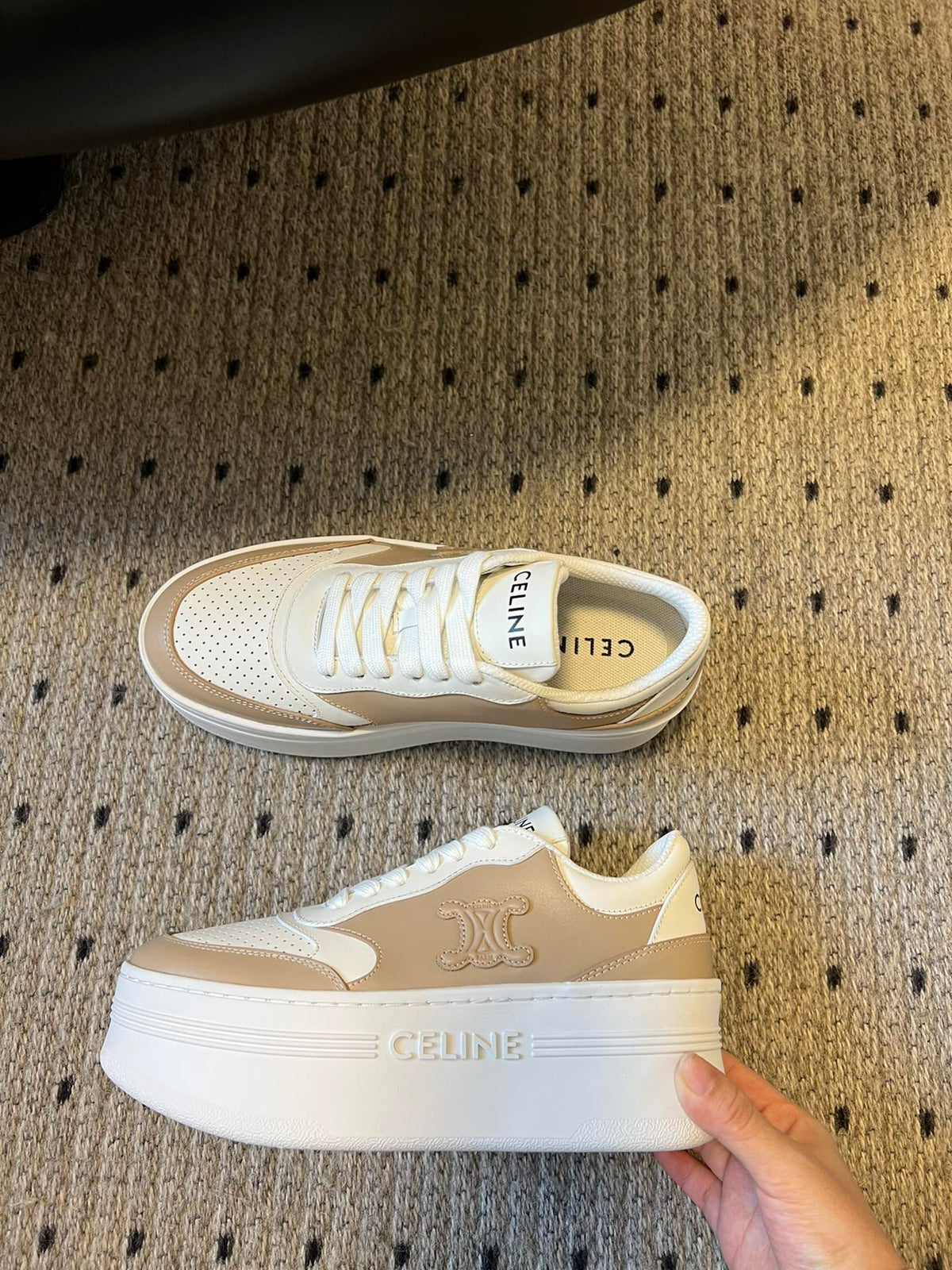 BLOCK SNEAKER WITH TRIOMPHE IN WHITE MIX SAND BROWN CALFSKIN