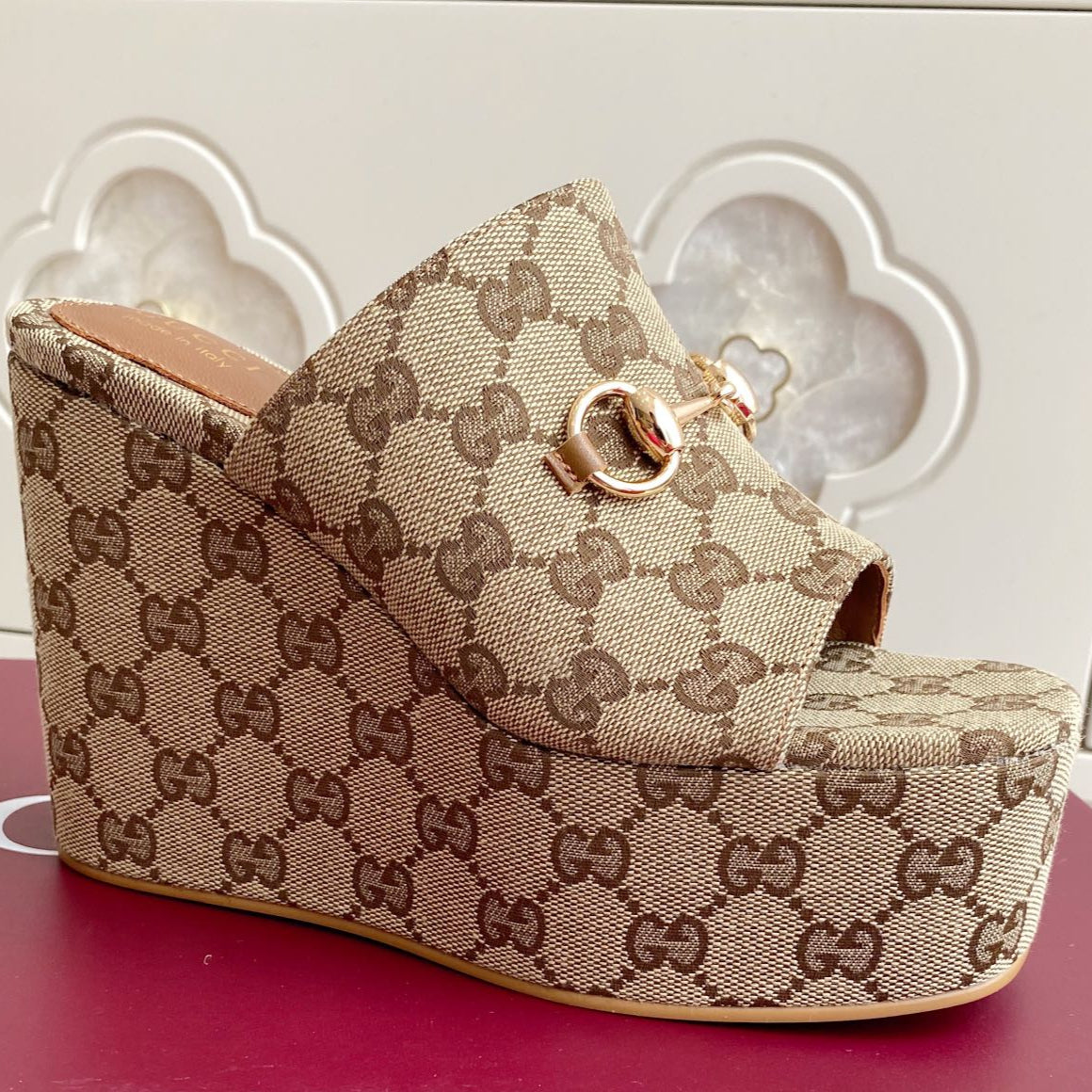 GC 25 Wedge With Horsebit Sandal Beige and Dark Brown Canvas 291029