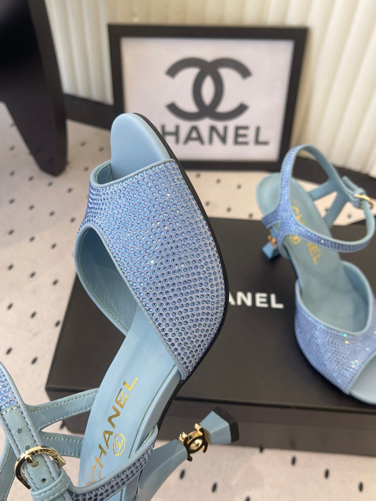 CC 26 Rhinestone Sandal 75mm Blue Lambskin 611732