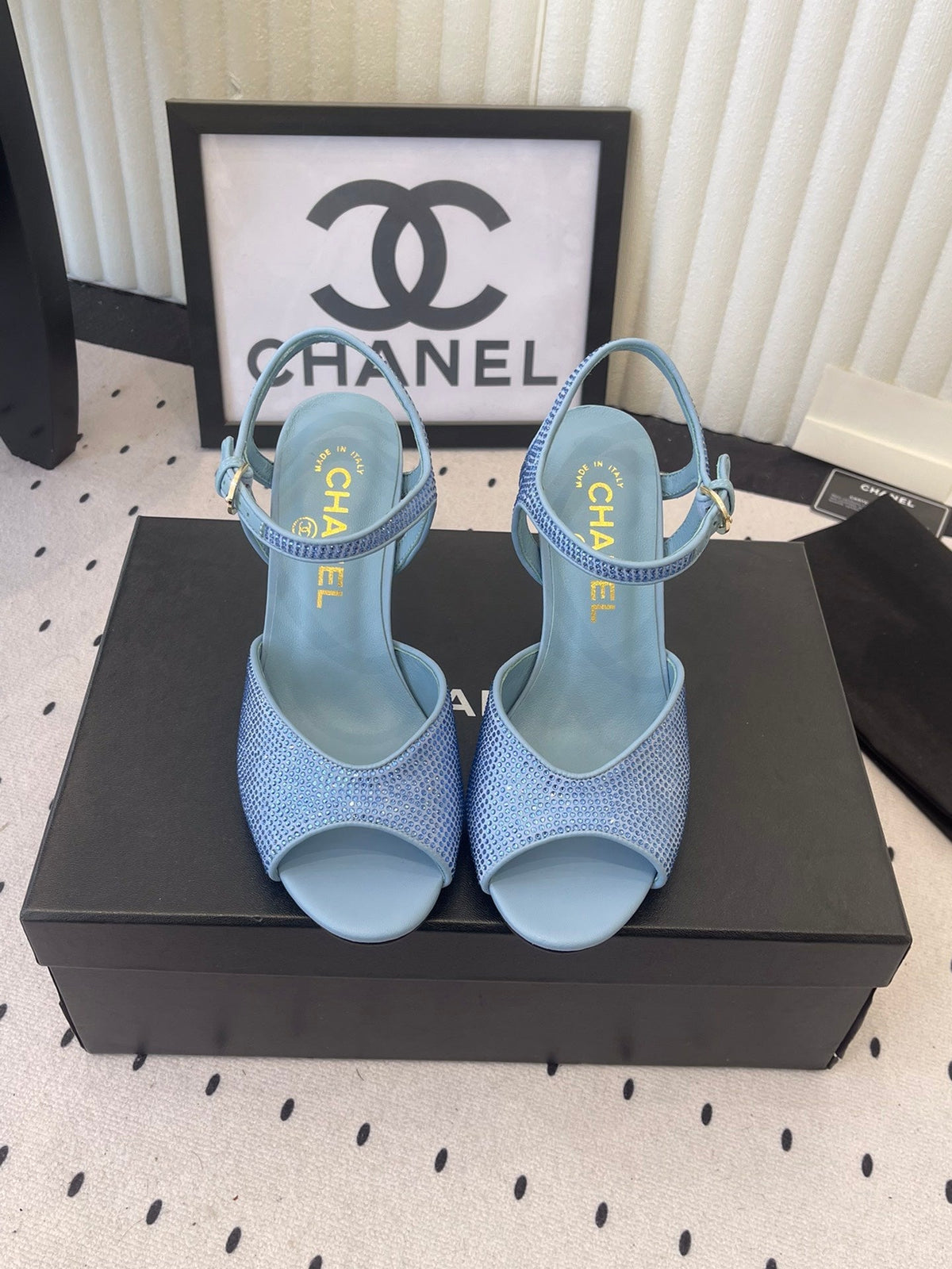 CC 26 Rhinestone Sandal 75mm Blue Lambskin 611732