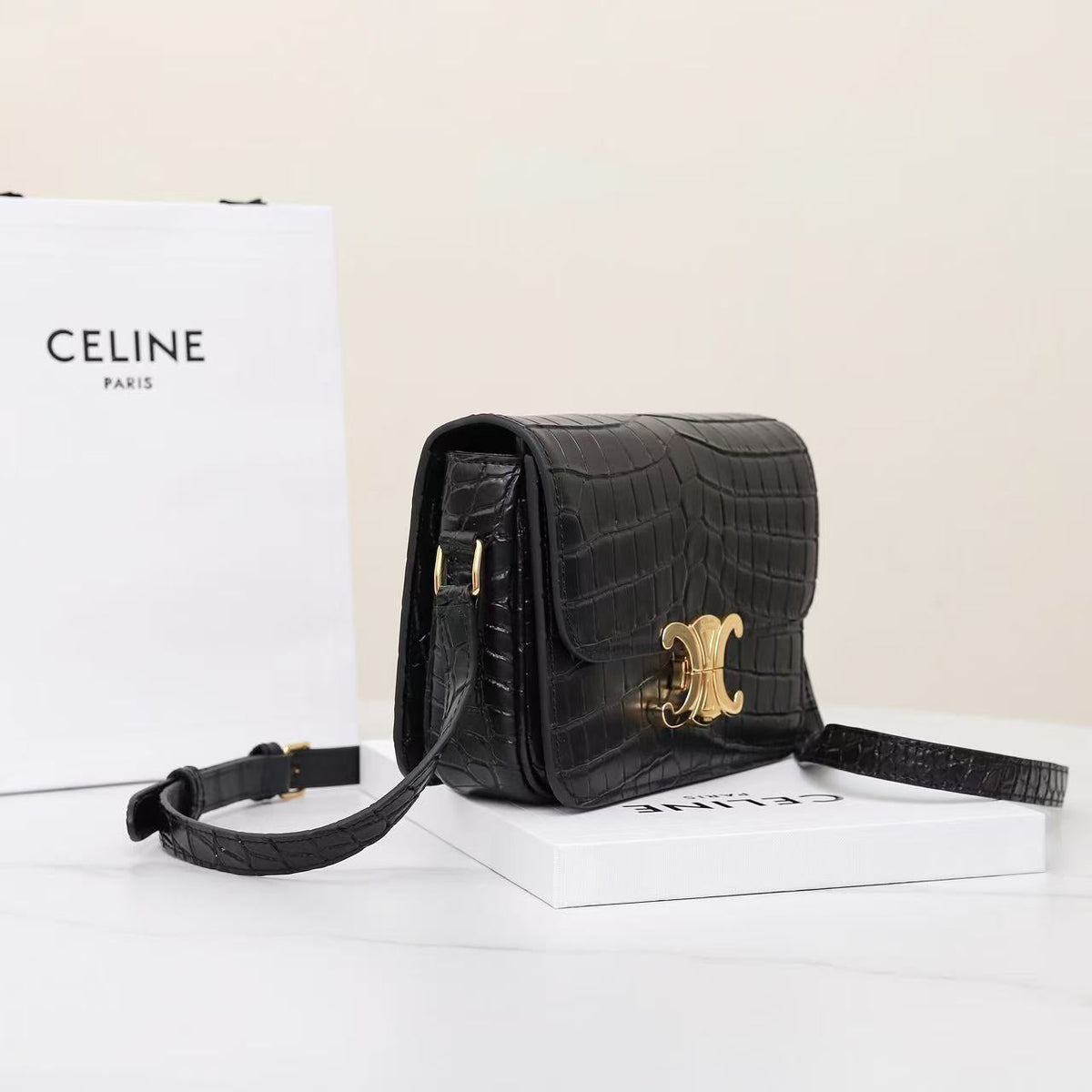 Celine Teen Triomphe Bag Black Crocodile Leather