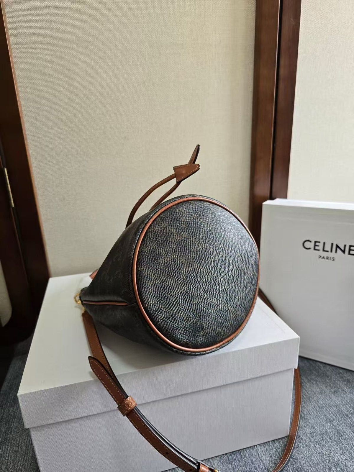 Celine Clara Bag 19 Black Brown Canvas Calfskin