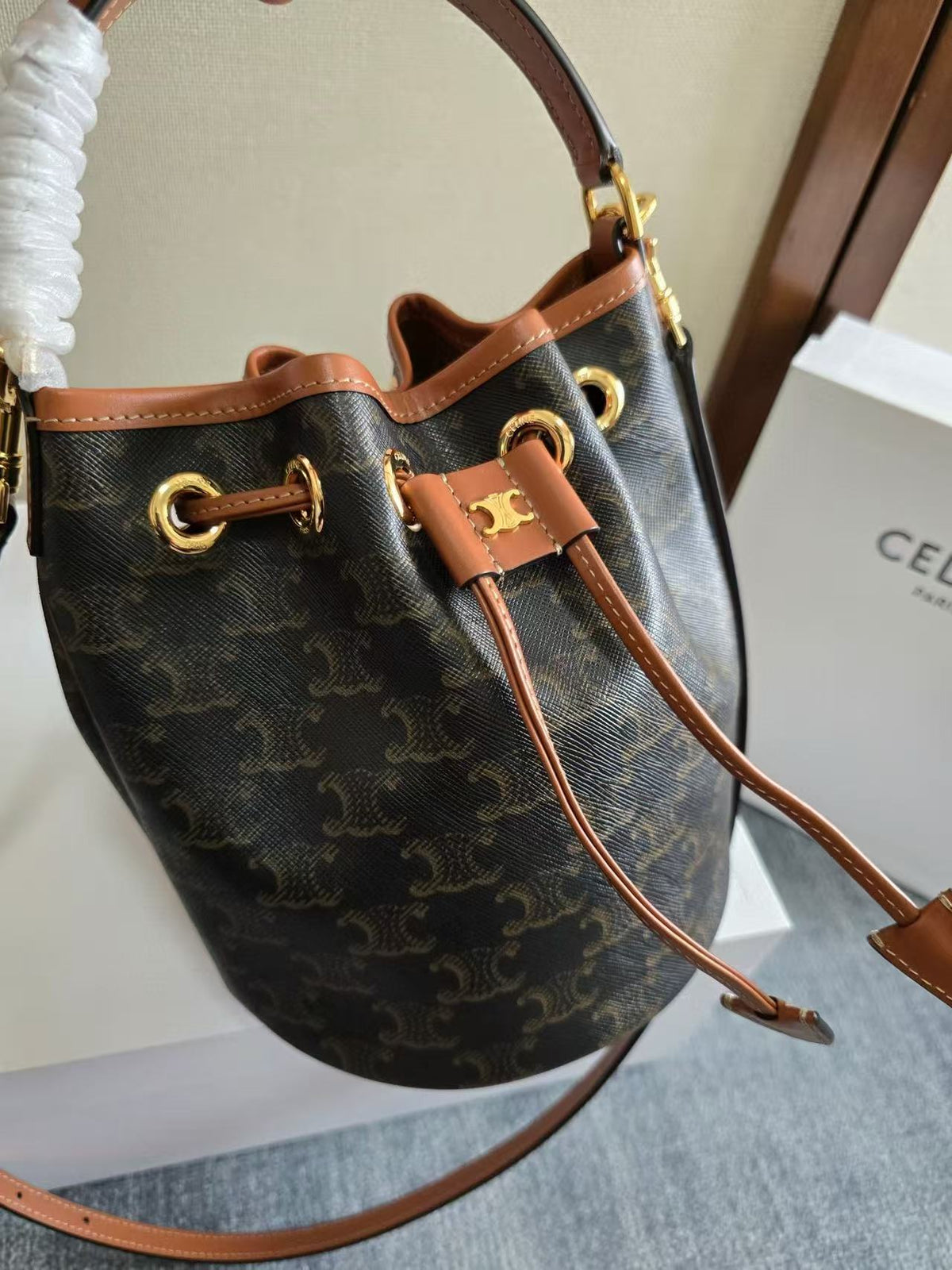 Celine Clara Bag 19 Black Brown Canvas Calfskin