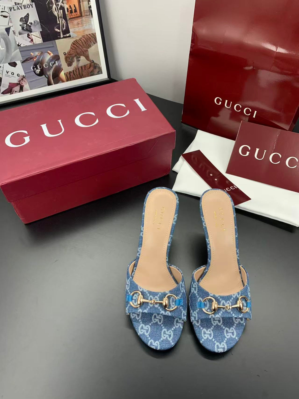 Gucci 2026 Erin Horsebit GG Sandal Blue Gold Denim Leather