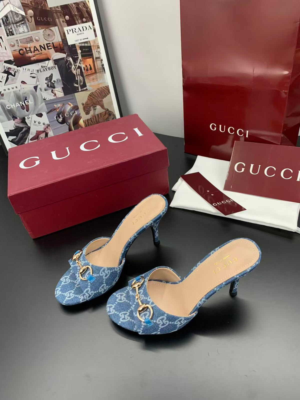 Gucci 2026 Erin Horsebit GG Sandal Blue Gold Denim Leather