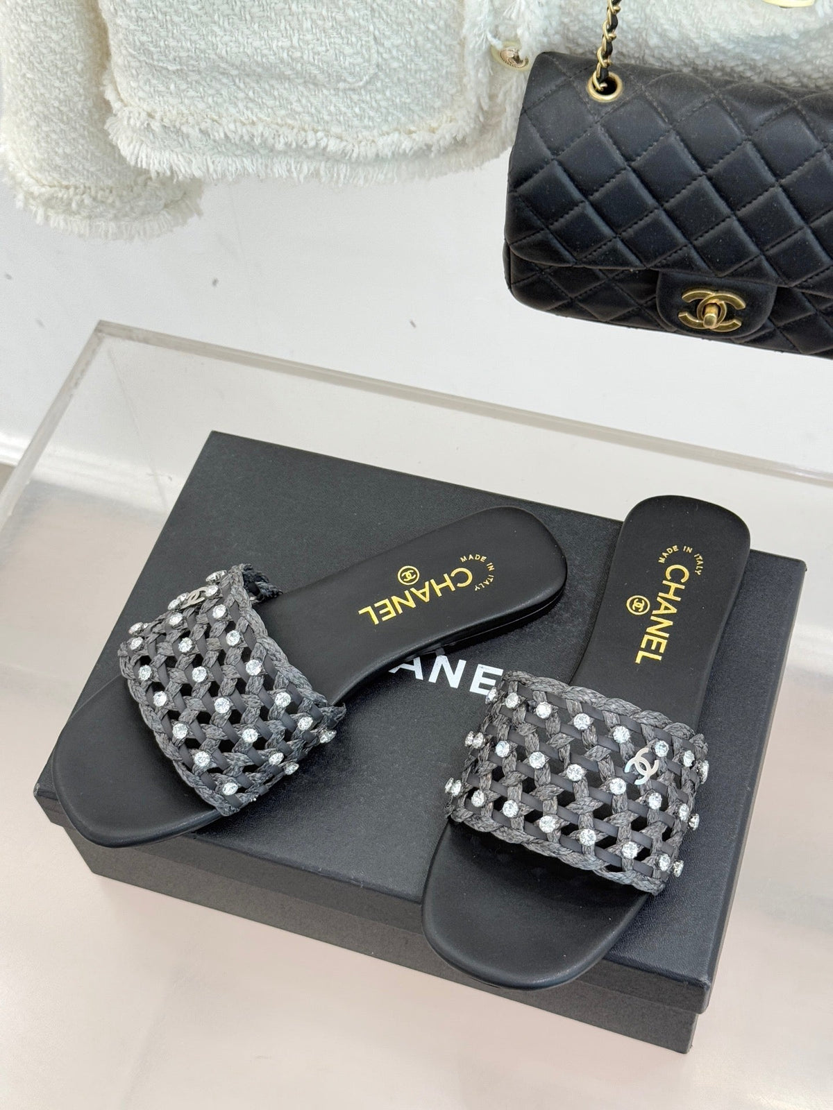CC 2026 Flat Sandals Woven Sheepskin Rhinestones