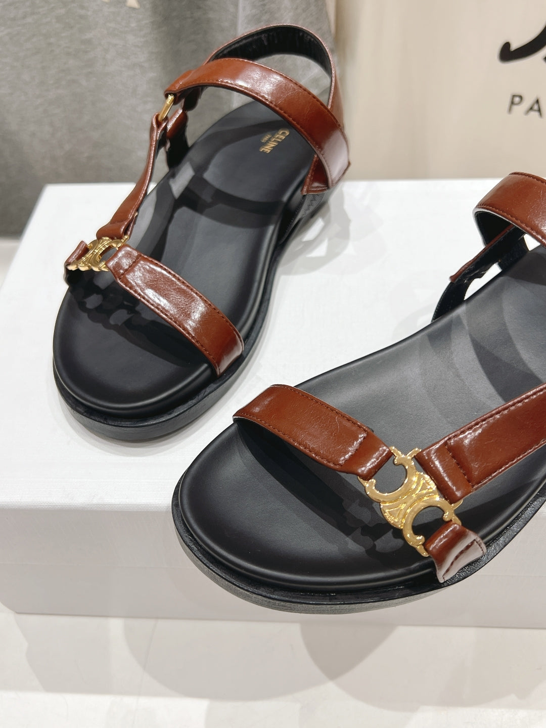 CELINE MAUD SANDAL WITH TRIOMPHE DEEP BROWN COWHIDE 236756