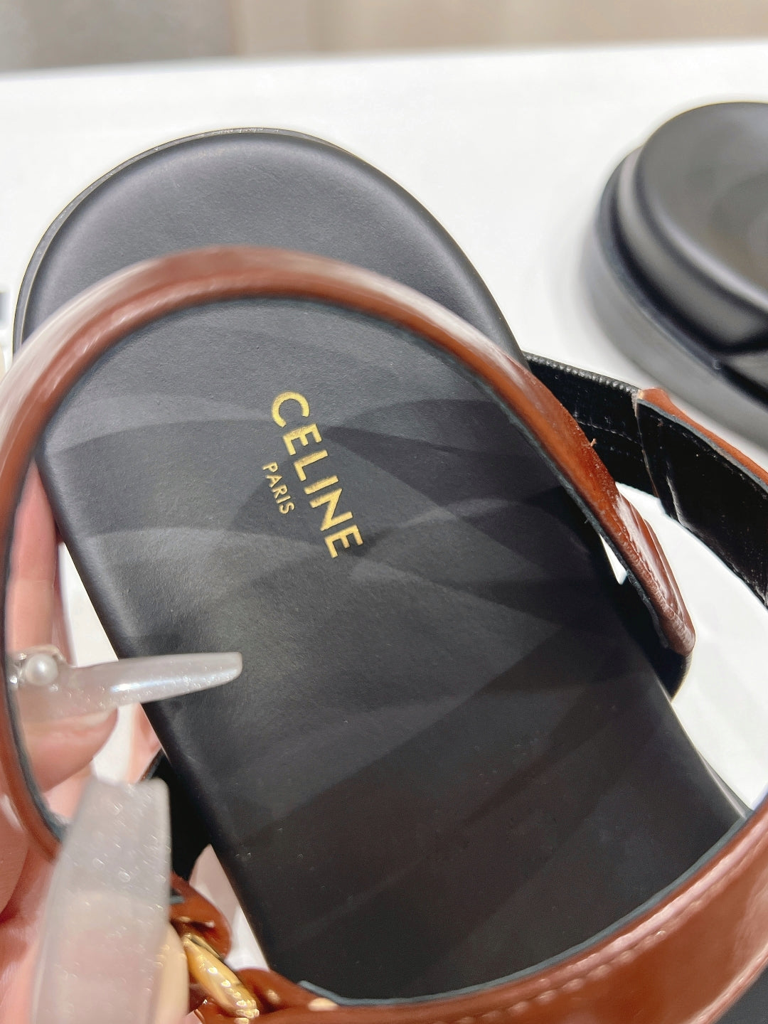 CELINE MAUD SANDAL WITH TRIOMPHE DEEP BROWN COWHIDE 236756