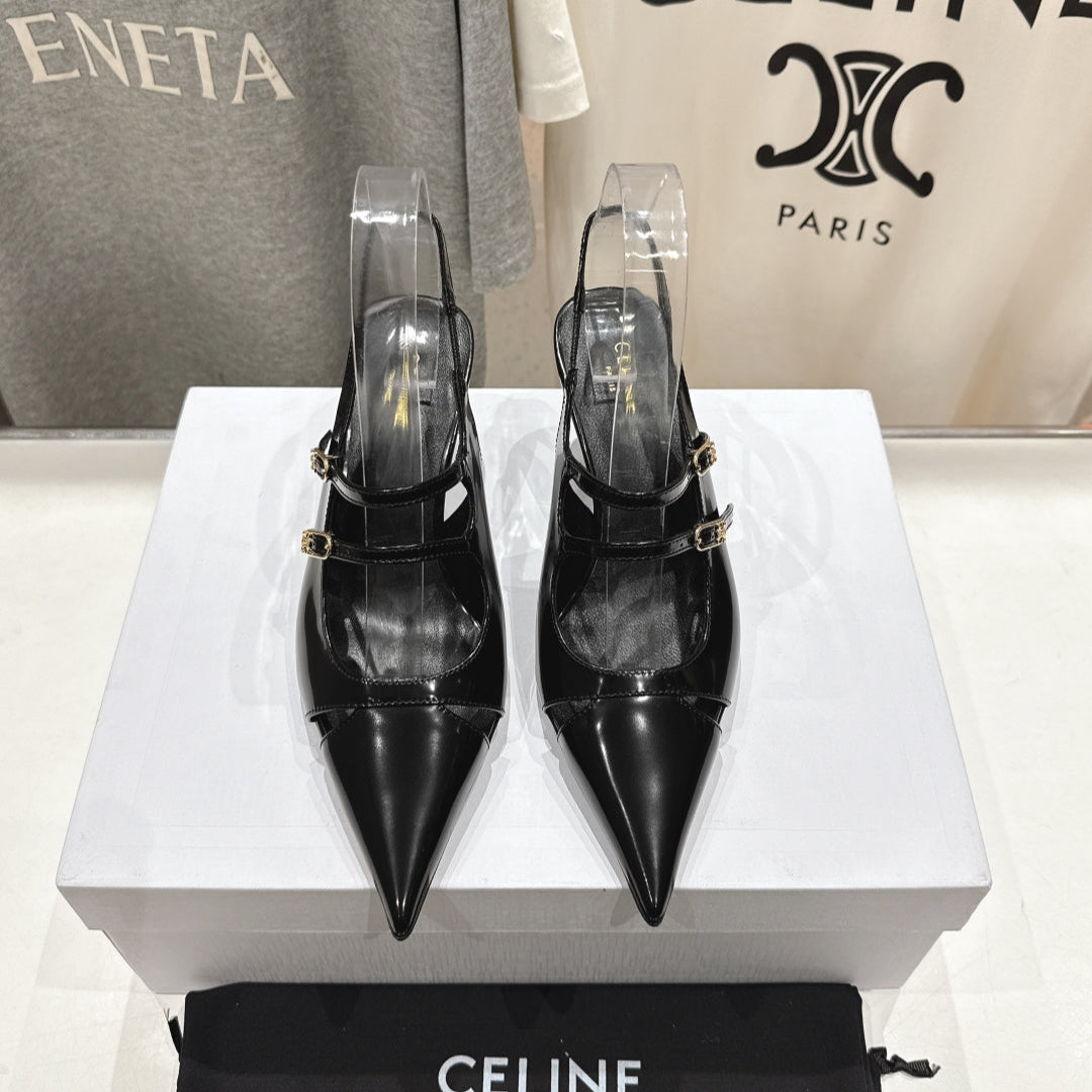 Celine 25C Judy Double Strap Mary Jane Slingback Black Sheepskin 236778