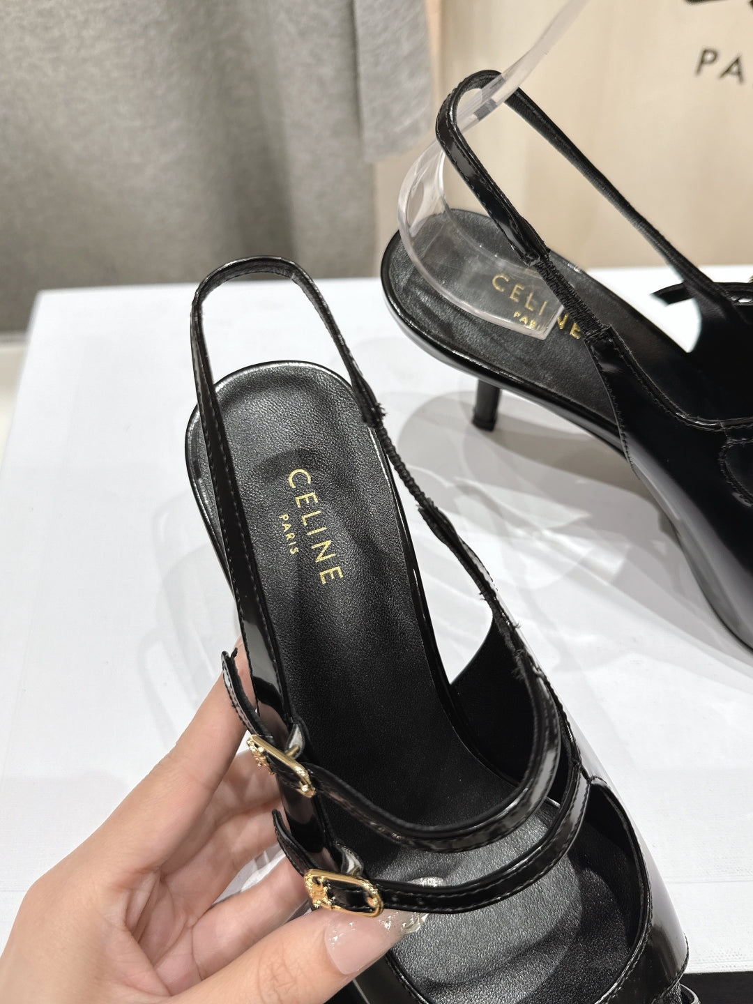 Celine 25C Judy Double Strap Mary Jane Slingback Black Sheepskin 236778