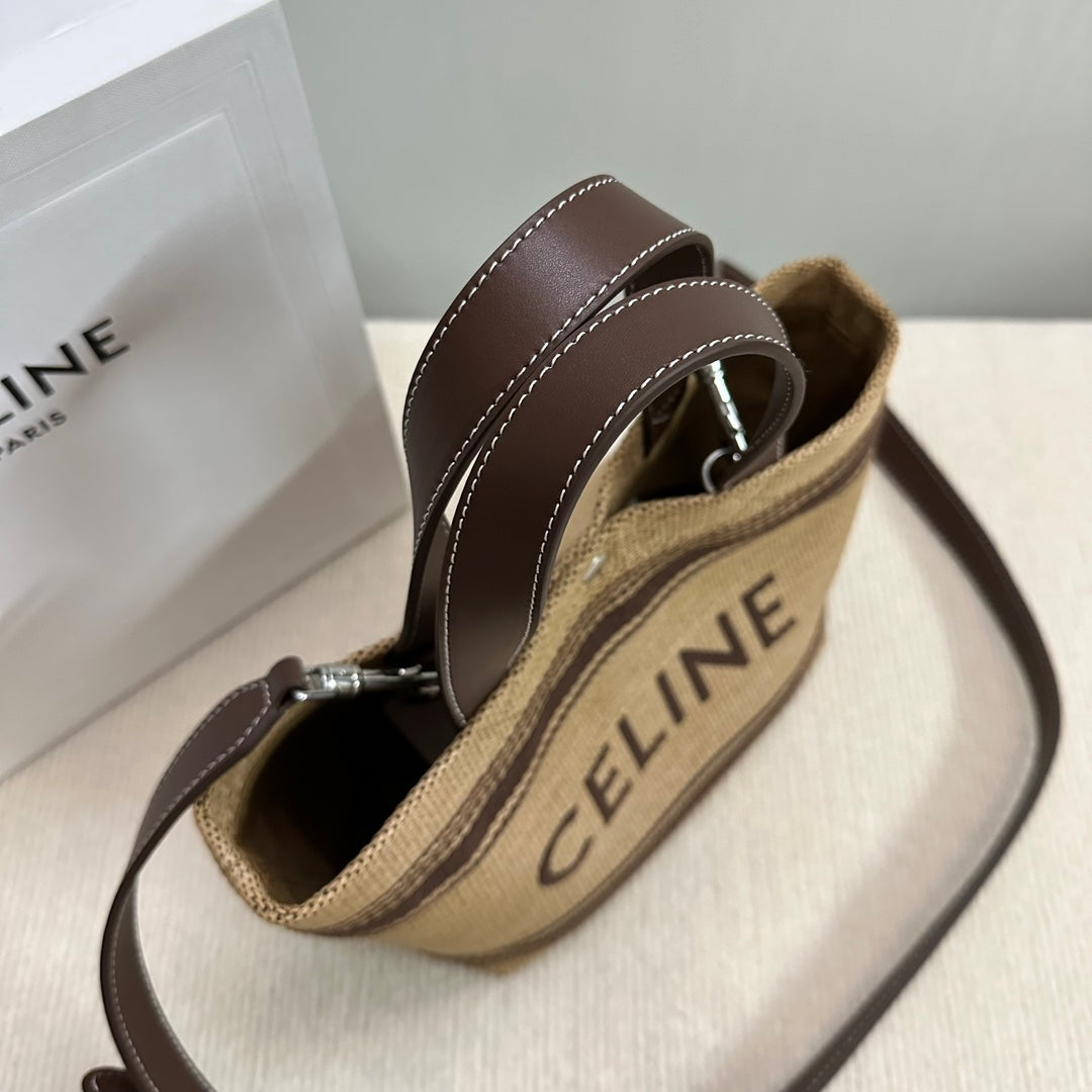 Celine Mini Cabas 23cm Chocolate Calfskin Dark Beige Textile