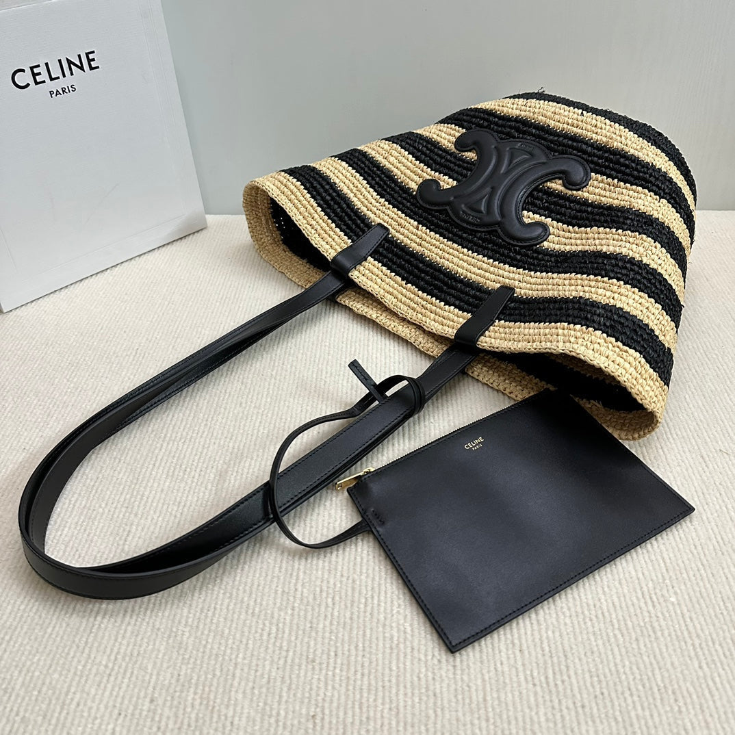 Celine Medium Supple Classic Panier 30cm Black Calfskin Beige Raffia