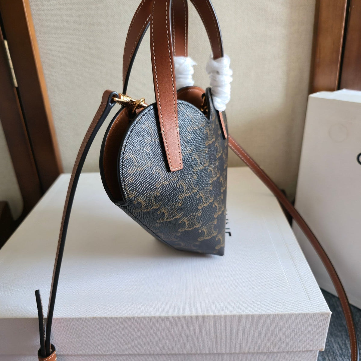 Celine 2025 Heart-Shaped Bag 19cm Black Tan Canvas Calfskin 276287