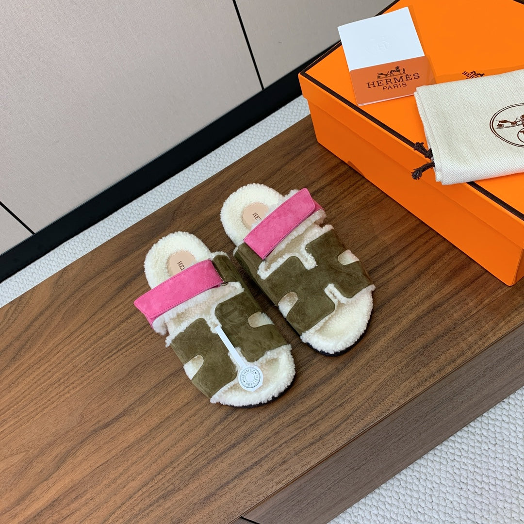 HM Chypre Sandal In Army Green Mix Pink Fleece And Suede 984192