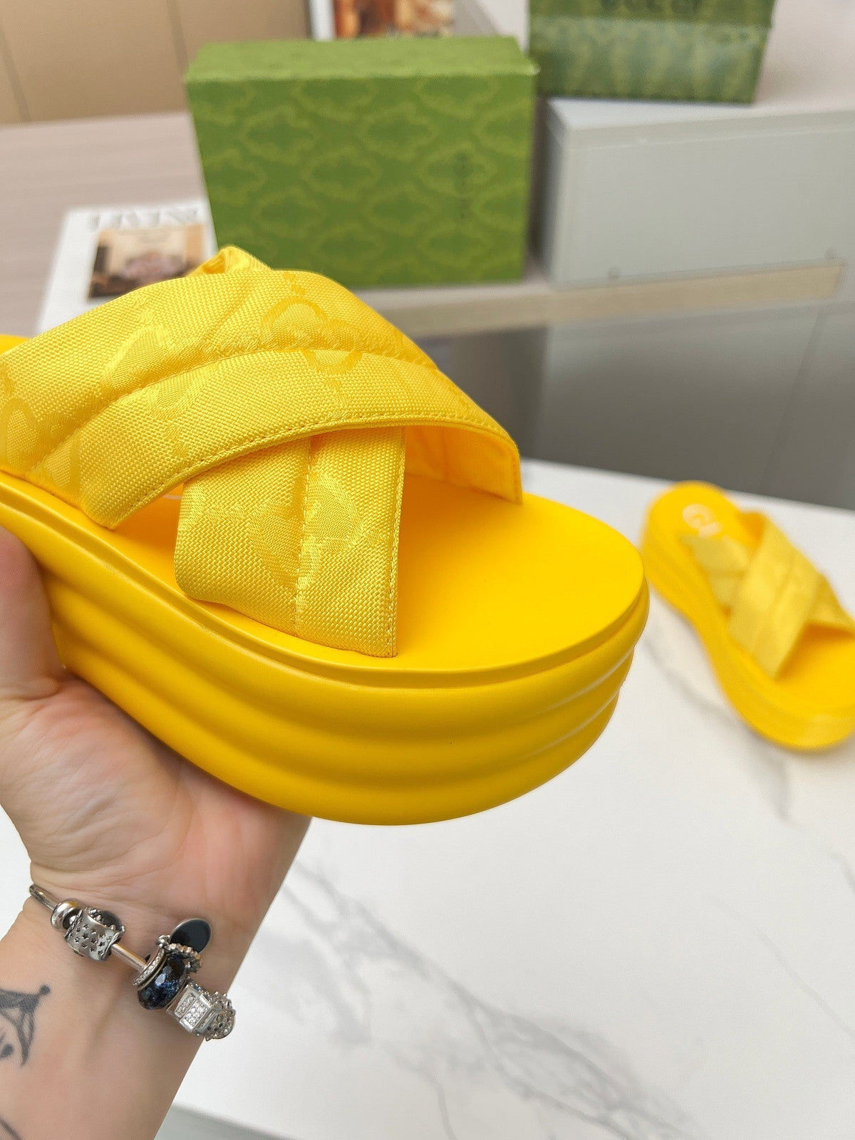 GG waterproof platform slippers yellow fabric