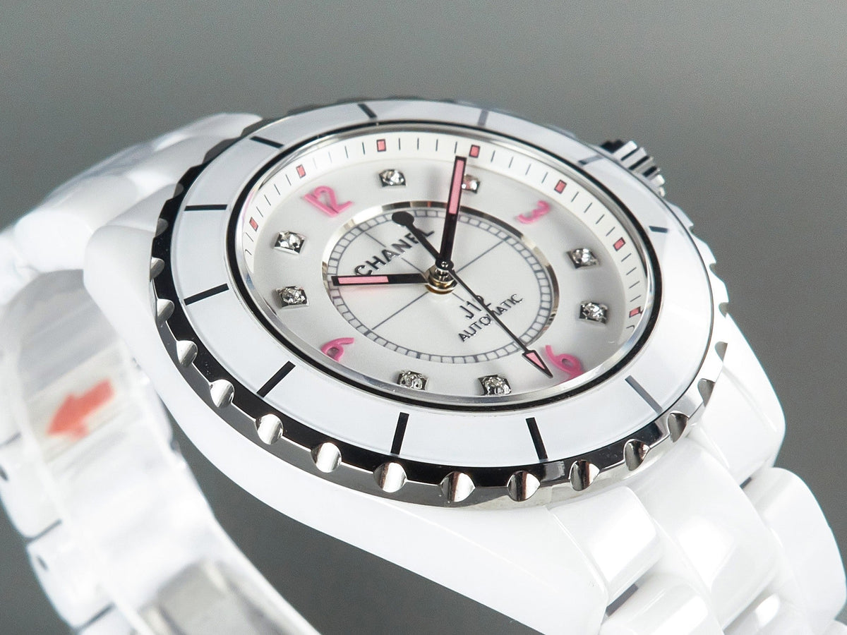 J12 Automatic White Ceramic Pink Diamond Numerals White Dial