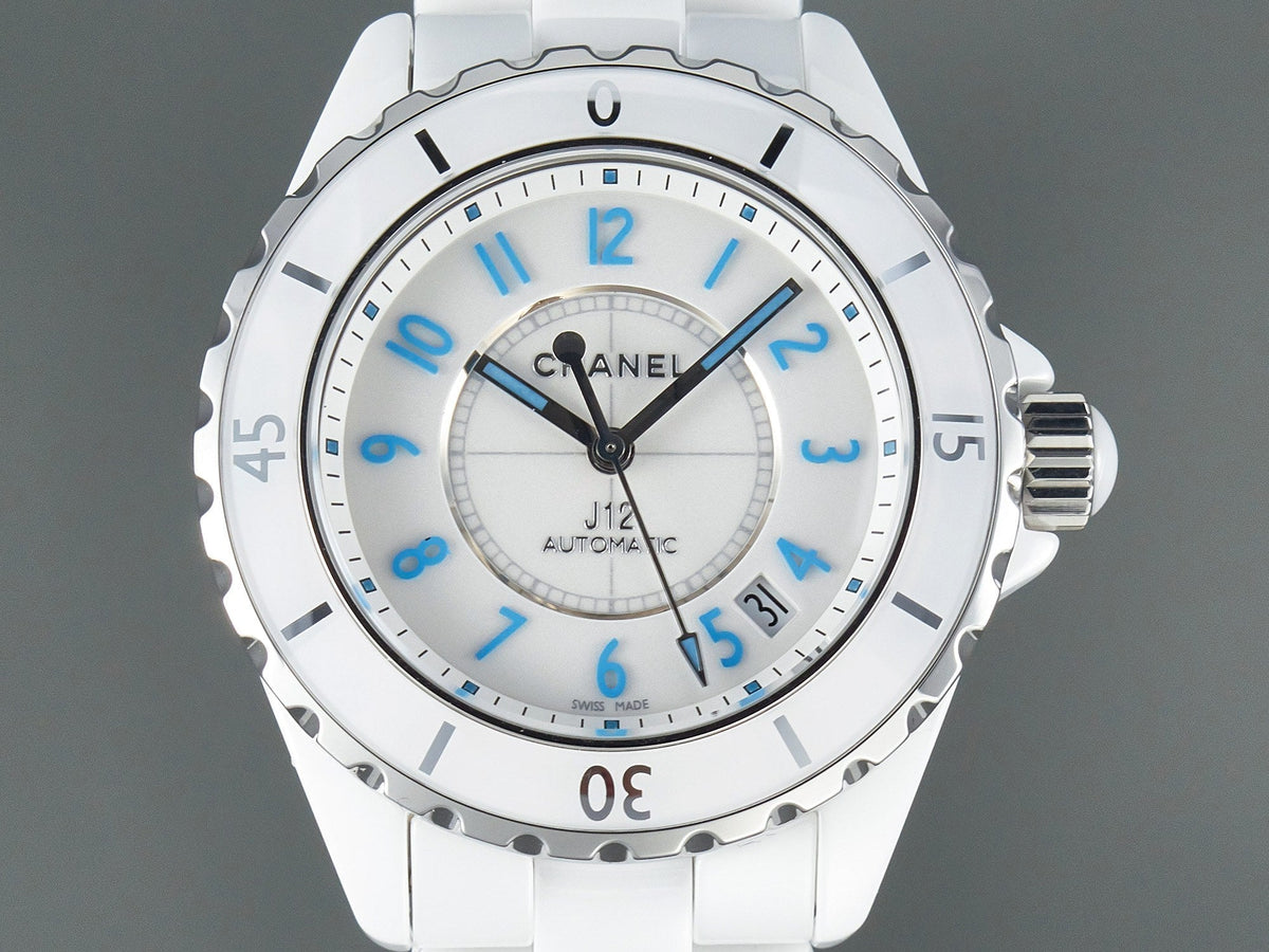 J12 Date Automatic White Ceramic Blue Numerals White Dial
