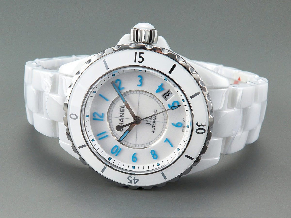J12 Date Automatic White Ceramic Blue Numerals White Dial