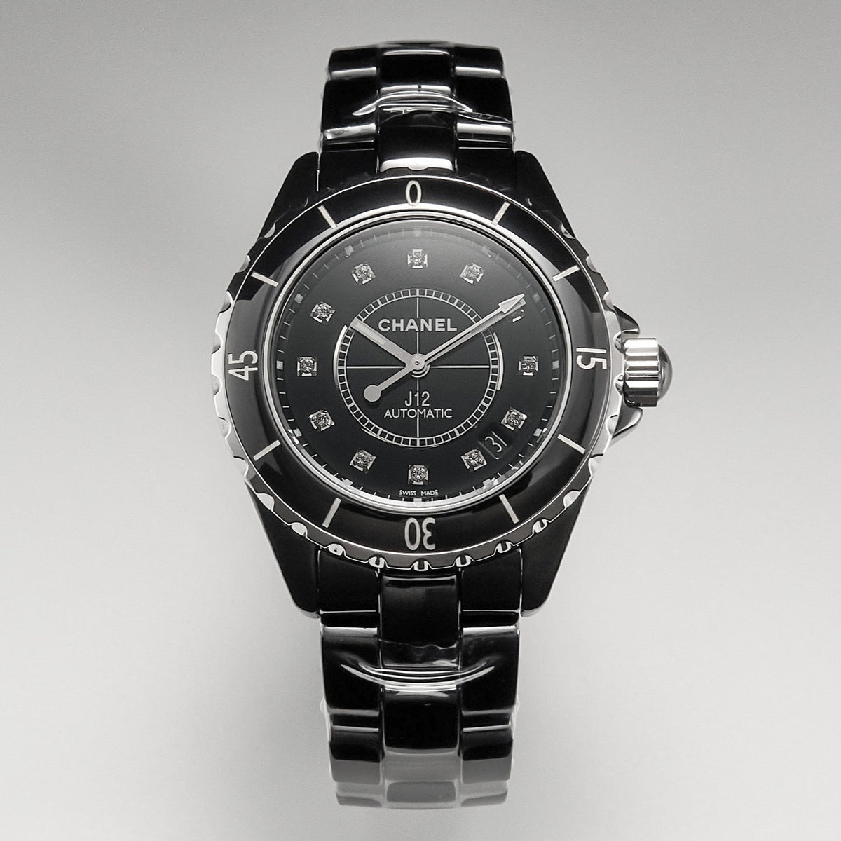 J12 Date Automatic Black Ceramic Diamond Numerals Black Dial White Steel Hands