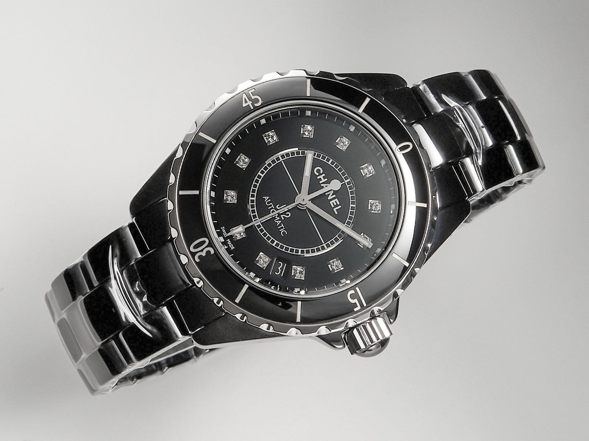 J12 Date Automatic Black Ceramic Diamond Numerals Black Dial White Steel Hands
