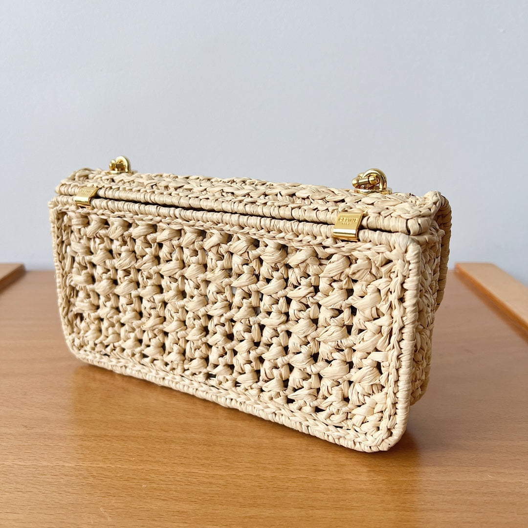 CHAIN SHOULDER BAG 20CM RAFFIA EFFECT TEXTILE NATURAL
